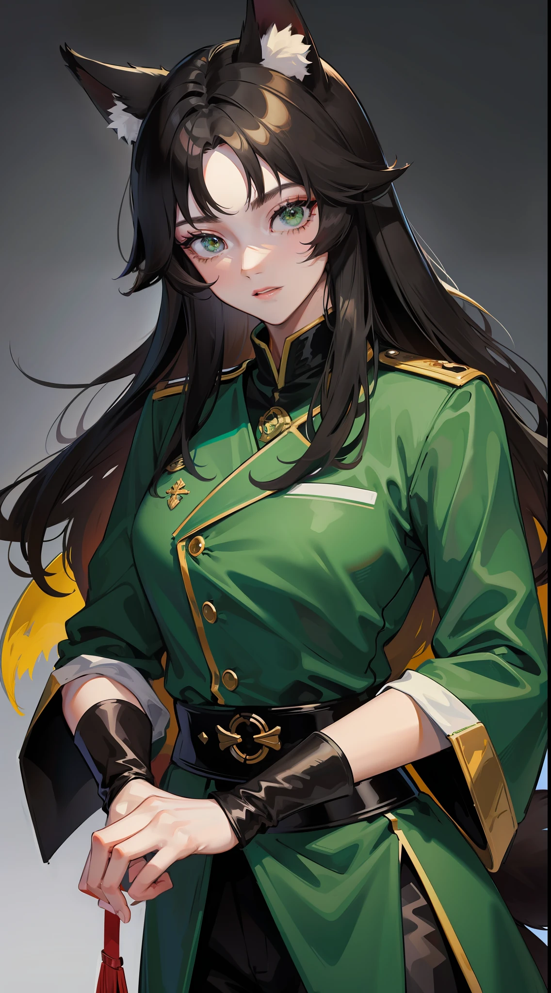 adult man, Long black hair, Fox ears, Green eyes, Black general's uniform, Masterpiece, hiquality