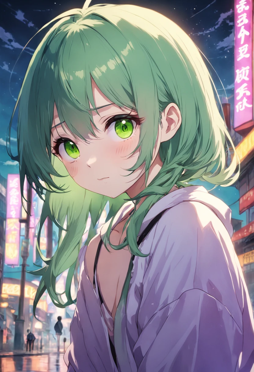 Light green hair,Purple pick dye,Thick bangs cover the eyes,butter,Shota,leisure wear