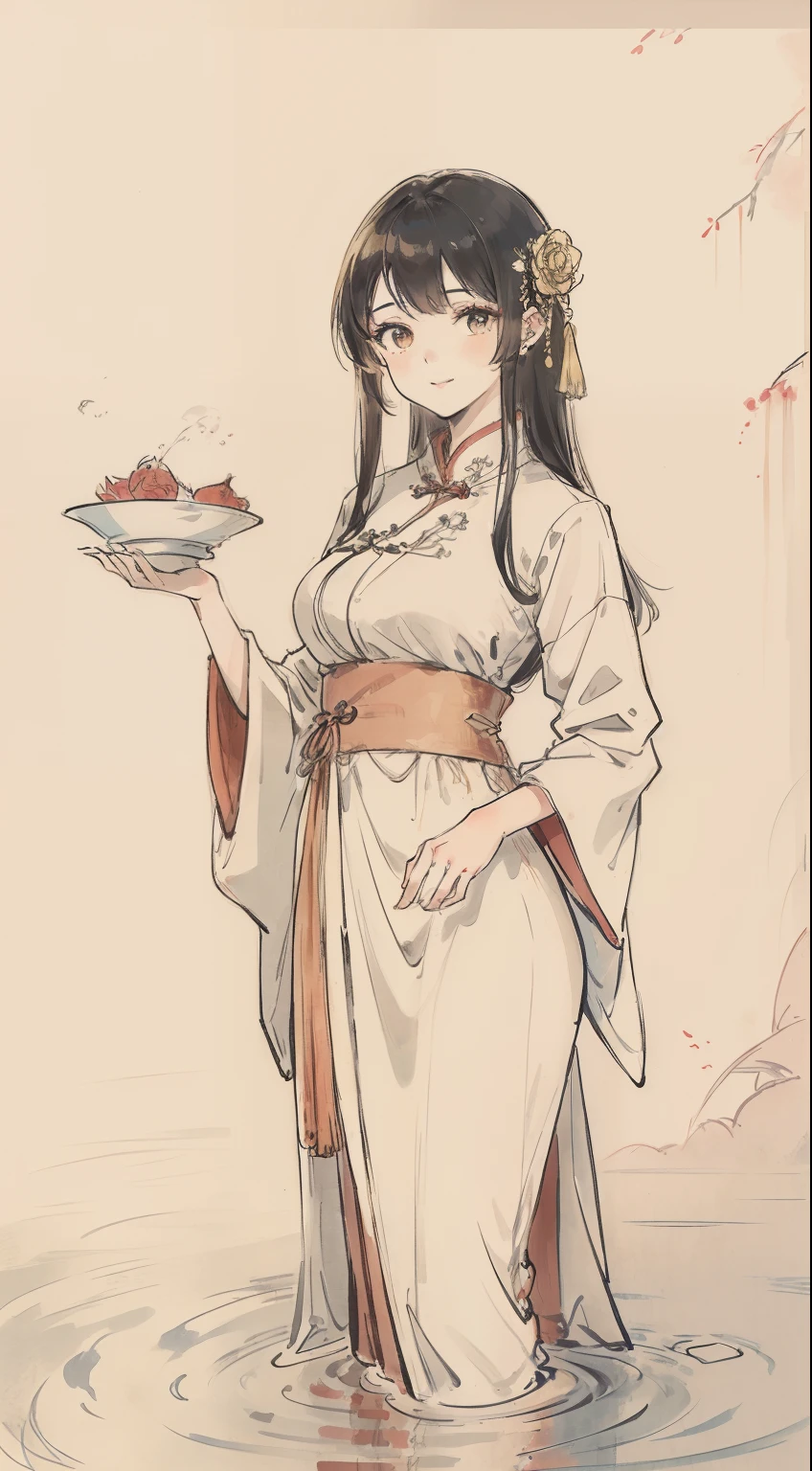 ((4K,Masterpiece,Best quality)),a big breast chinese girl,The facial structure is reasonable, shuimobysim, Traditional Chinese painting, lotuses, Hanfu, maxikit, Dress conservatively , Solo, Long Light Hair, ssmile, standing on your feet, feet in water, The barefoot,Perfect face,big breasts beautiful,Standard human body