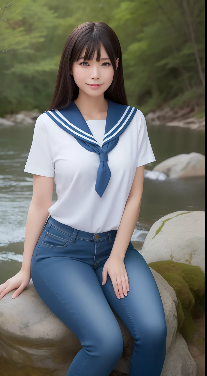 a pregirl,Thirty year old, ssmile, looking at viewert,Soaked sailor's uniform,skintight jeans, photore, realisticlying, Best quality at best, employee, 详细的脸, Sitting on a large rock in the middle of the forest, There is a river