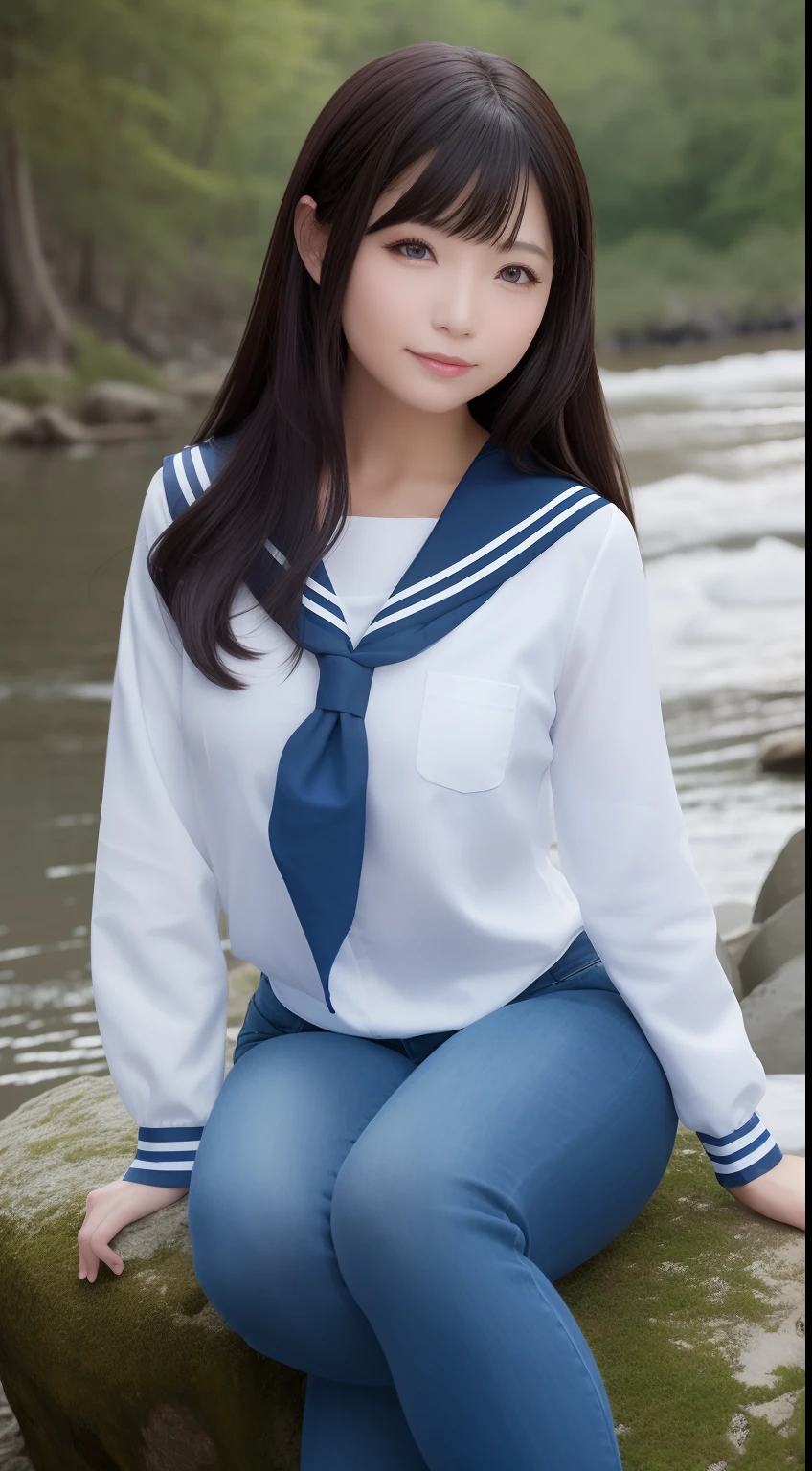 A smiling girl，In sailor suit，Blue skinny jeans，sitting at a pond，com rosto detalhado，The eyes are delicate，The photo quality is the best，Realistic image quality，Background diffuse lighting，Depth of field display。