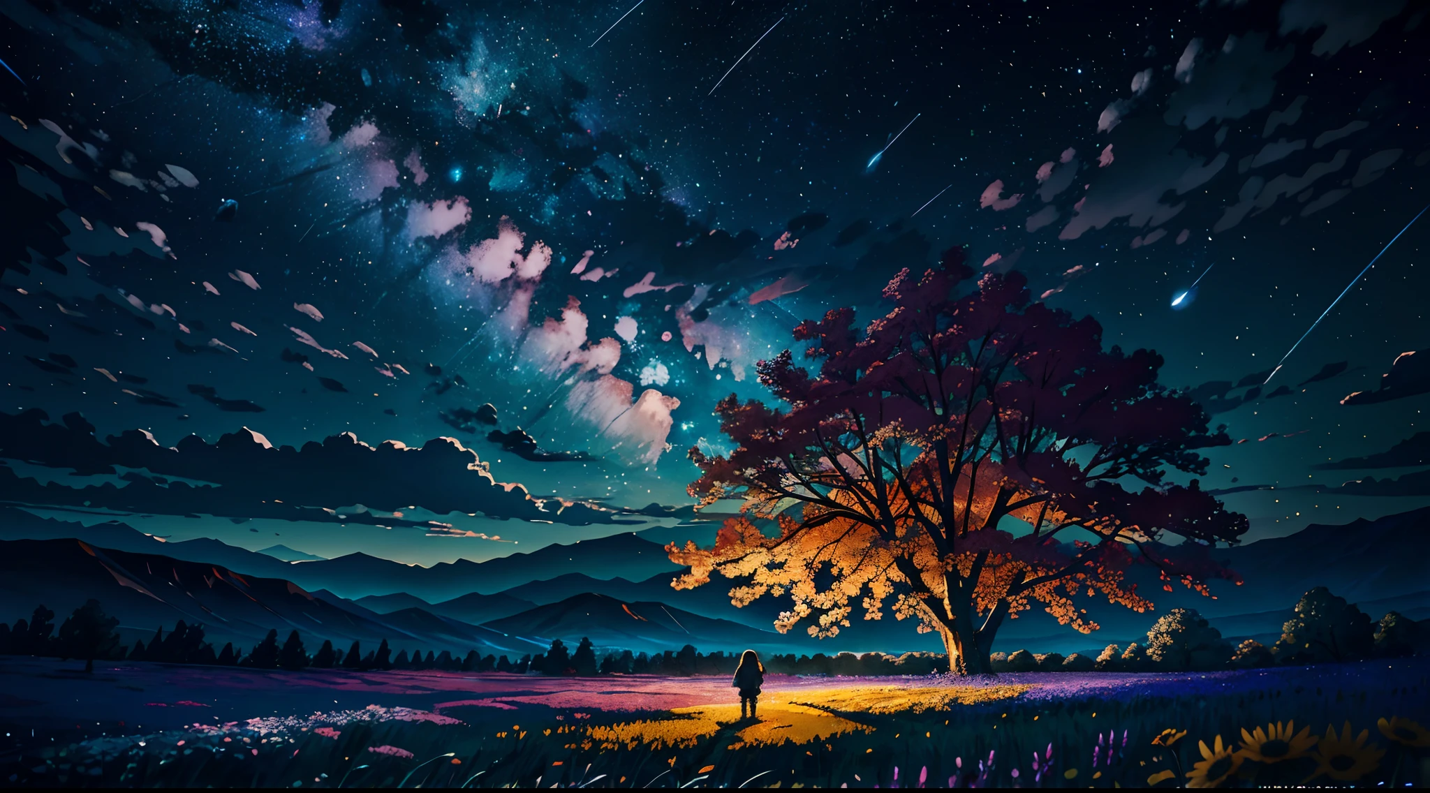 Expansive landscape photograph, (view from below with a view of the sky and the wilderness below), little girl standing in a flower field looking up, (full moon: 1.2), (shooting star: 0.9), (nebula: 1.3), distant mountain, tree break production art, (warm light source: 1.2), (firefly: 1.2), lamp, purple and orange, intricate detail, volume lighting BREAK (masterpiece: 1.2), (highest quality ), 4k, ultra-detailed, (dynamic configuration: 1.4), highly detailed and colorful details (iridescent: 1.2), (sparkling lighting, atmospheric lighting), dreamy, magical, (solo: 1.2)