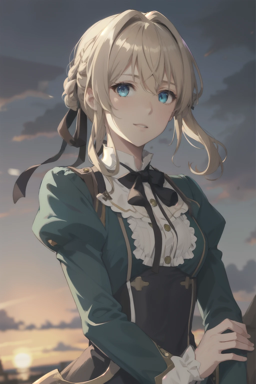 Upper body,  Solo, Violet_evergarden, jewelry, Blonde updo hair with ribbon, Long sleeves, corsage, ribbon, aqua eyes, Jacket, dress, Emerald, Town, hill, Sunset Street,