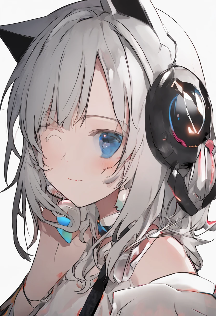 black hair, hair bobbles, wince, longeyelashes, solid circle eyes, fake animal ears, light smile, ear blush, fang, white hair, hood, heart-shaped pupils, cat ears, smile, Surrealism, drop shadow, anaglyph, stereogram, tachi-e, pov, atmospheric perspective, 8k, super detail, ccurate, best quality