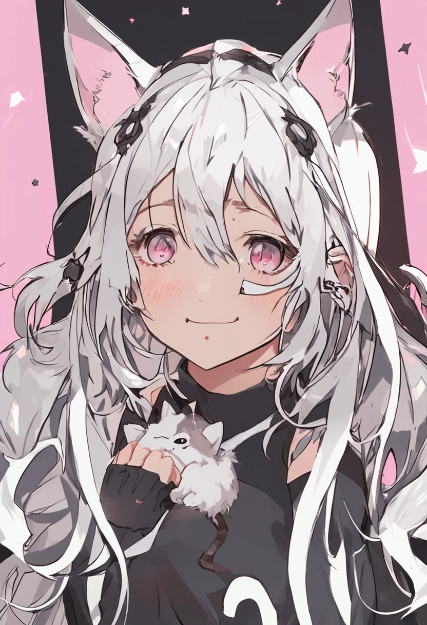 black hair, hair bobbles, wince, longeyelashes, solid circle eyes, fake animal ears, light smile, ear blush, fang, white hair, hood, heart-shaped pupils, cat ears, smile, Surrealism, drop shadow, anaglyph, stereogram, tachi-e, pov, atmospheric perspective, 8k, super detail, ccurate, best quality