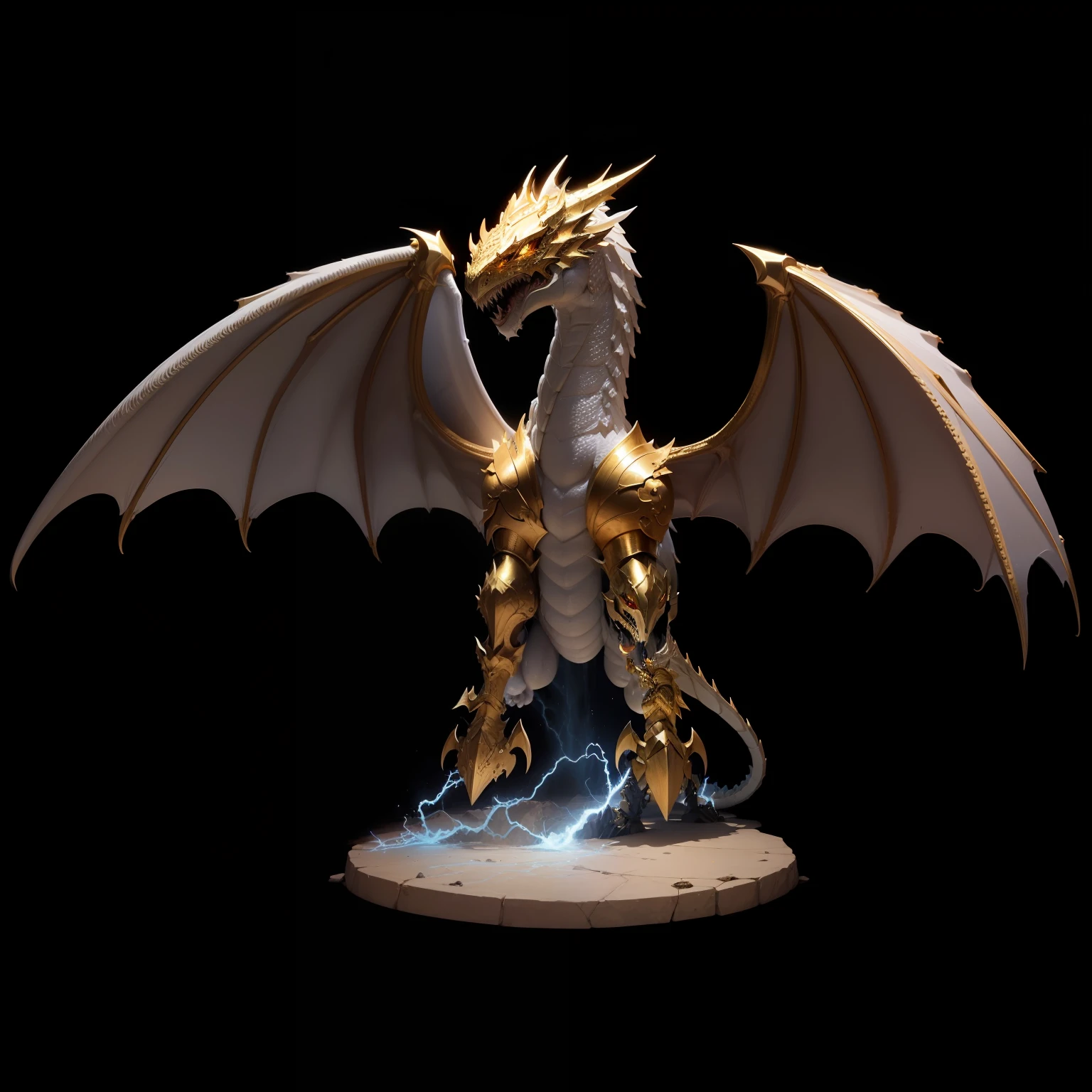 1White dragon add lightning in mouth add golden armor add large wings, dourado. boca fechada, dentes afiados, Two paws on the ground, adcionar asa esquerda, not looking like people's bodies, Golden helmet on head, dragon's head, blue lightnings, relampagos azuis.