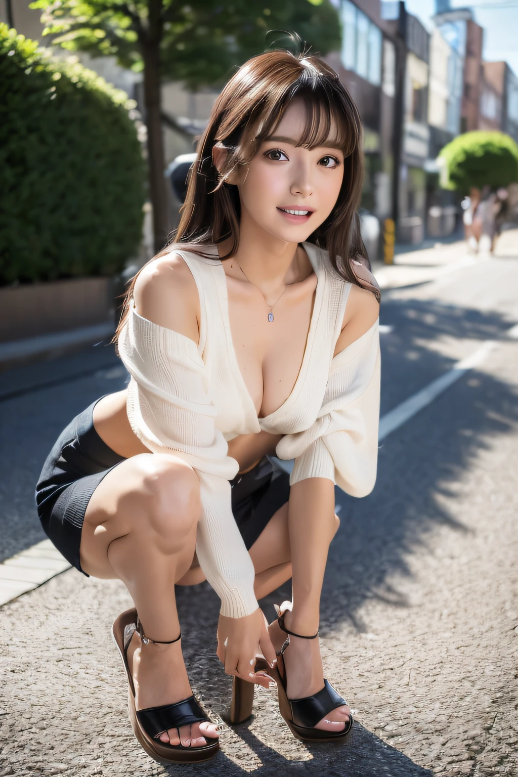 (top-quality、in 8K、Photorealsitic:1.6、超A high resolution)、Natural light、1little girl、24 year old、Height 1.7m、delicated face、An ultra - realstic face、photos realistic、Beautiful Japan model、Brown eyes、Slender style、Dynamic angles、dynamicposes、(Yuki's Face)、Gorgeous long-haired、Beautiful wavy brown hair、(Smaller chest;1.4)、(narrow waists:1.2)、Thin leg、long legged、Fashionable、(((Extremely short cropped T-shirt、Below the nipples on the chest are visible)))、(((Short cardigan、Cardigan with sheer three-quarter sleeves、Long pencil skirt up to the ankle、Slit to the groin on the side)))、Neon colored high heels、full bodyesbian、Ecstatic look、View here、(((Neon colored underwear)))、crouching down、wedge heels