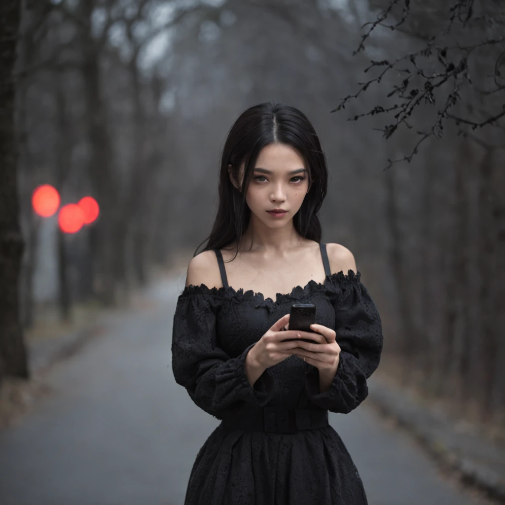 Beautiful woman fiddling with her phone in the middle of the street, short clothes masterpiece, best quality, masterpiece, (1girl), (LLChar), evil witch, dark energy, void, empty eyes, (extreme evil), black magic, dark forest, negative energy, hell, void, stars, black hair,