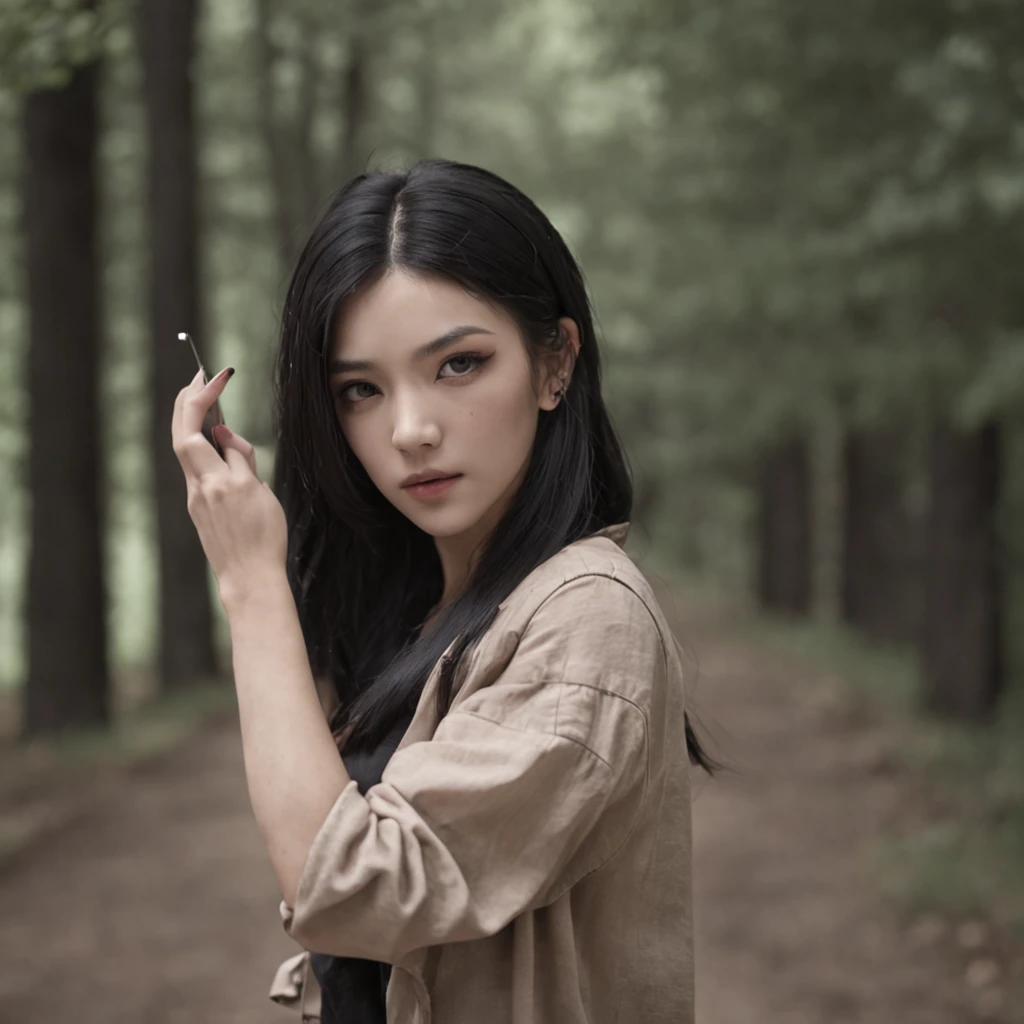 Beautiful woman fiddling with her phone in the middle of the street, short clothes masterpiece, best quality, masterpiece, (1girl), (LLChar), evil witch, dark energy, void, empty eyes, (extreme evil), black magic, dark forest, negative energy, hell, void, stars, black hair,