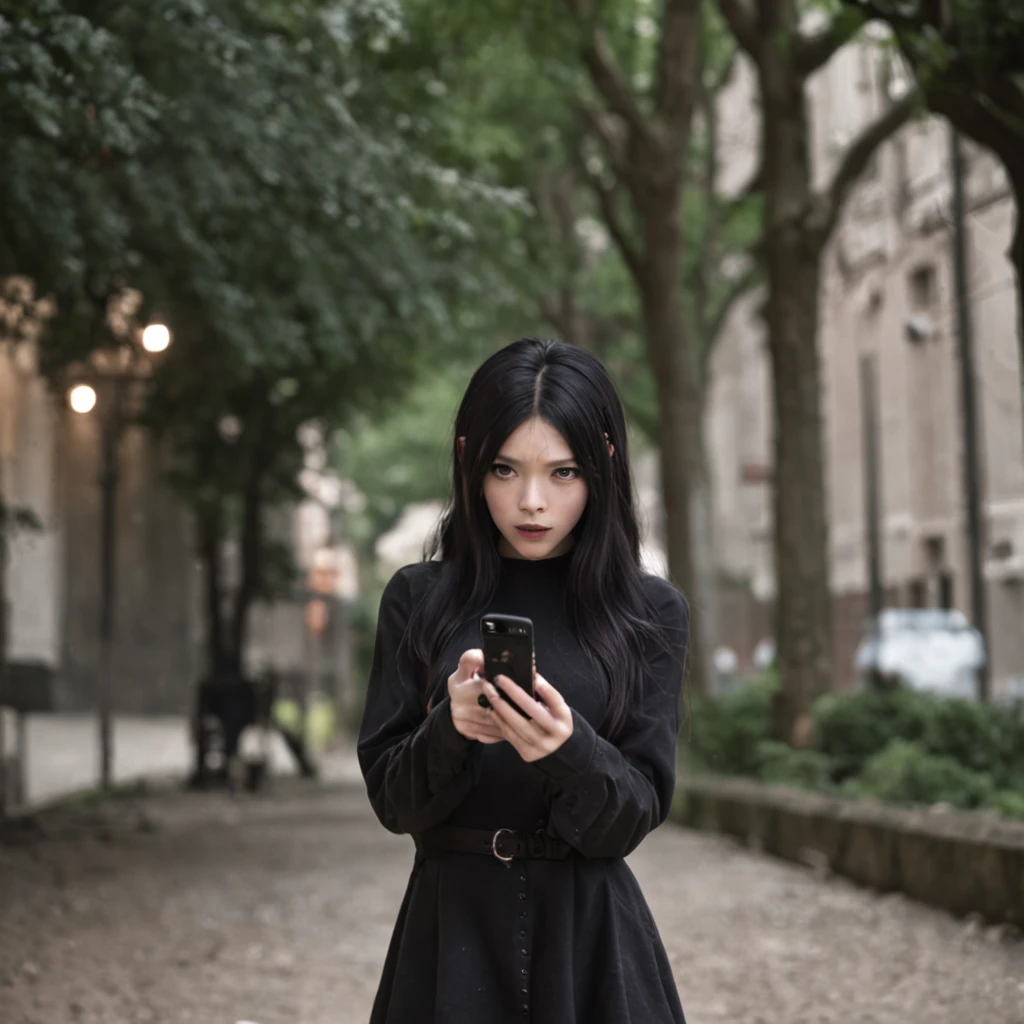 Beautiful woman fiddling with her phone in the middle of the street, short clothes masterpiece, best quality, masterpiece, (1girl), (LLChar), evil witch, dark energy, void, empty eyes, (extreme evil), black magic, dark forest, negative energy, hell, void, stars, black hair,