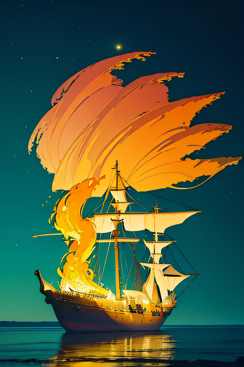 extremely detailed 8k wallpaper,(highly detailed:1.1), ((masterpiece:1.1)),[anime:Impasto:0.5], intricate , fantasy,(1ship),(ocean:1.2),[golden boat:golden boat with (green fire:1.2):0.1], clear sky ,wind ,beautiful sky,(nightsky),(galaxy), (huge blood moon in the background:1.05)