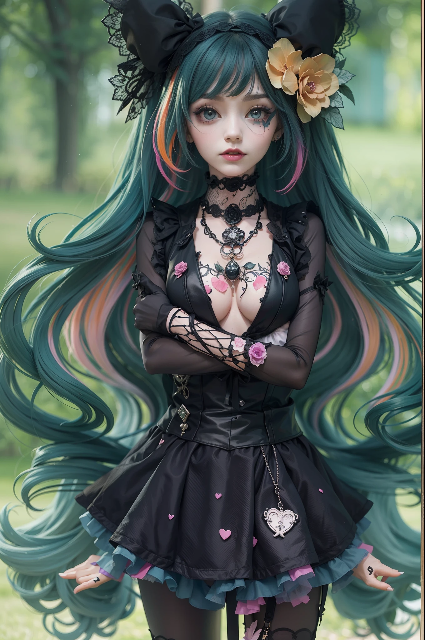 En un hermoso parque una mujer de aspecto moderno. It has a very colorful and striking kawaii gothic style.., con un maquillaje elegante y una peluca colorida.