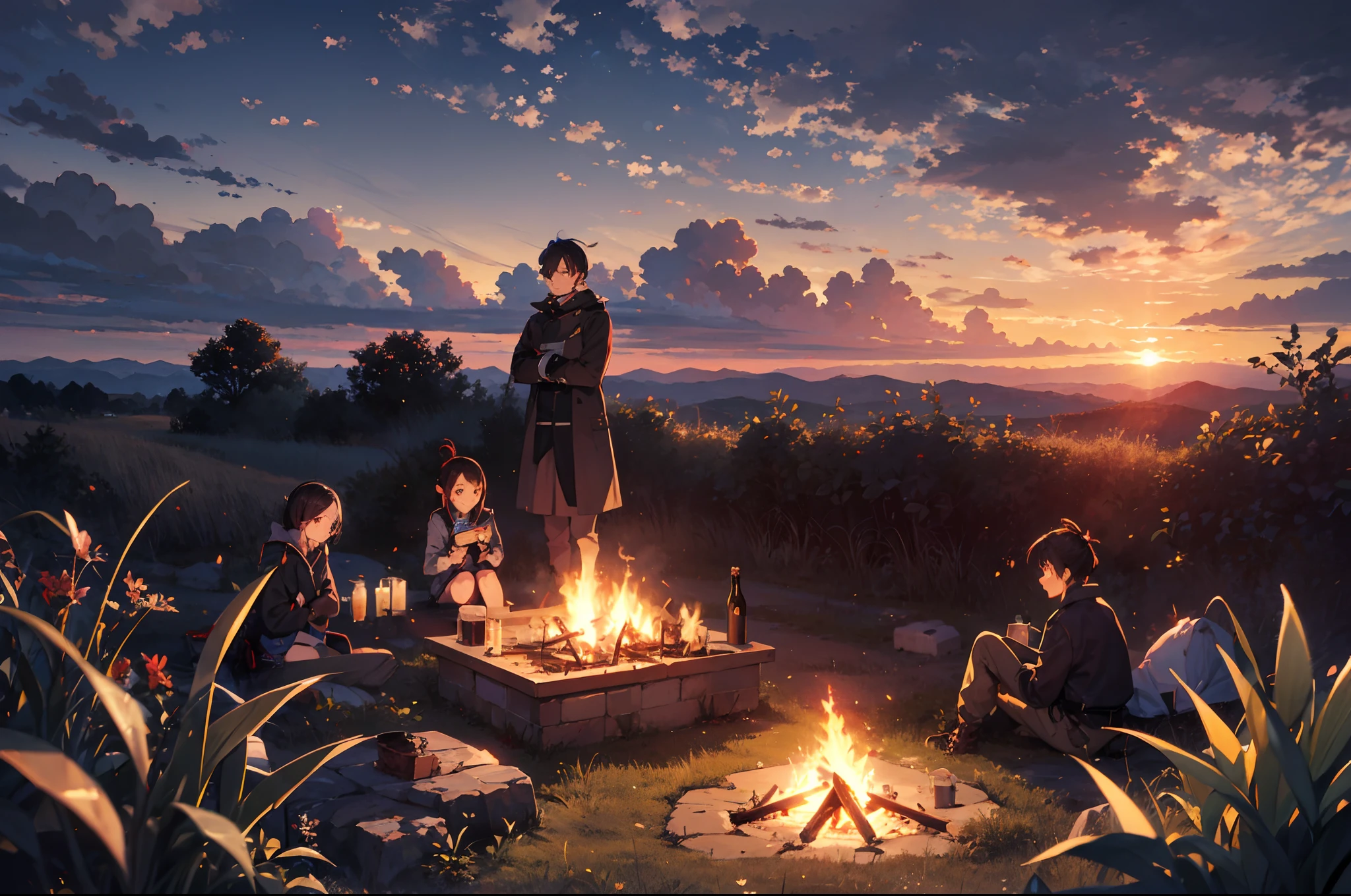 Good-looking clouds，Burning clouds，the sunset，bivouac，tenten，weed，bonfires，cg art，tmasterpiece，high qulity，depth of fields，Storytelling images，