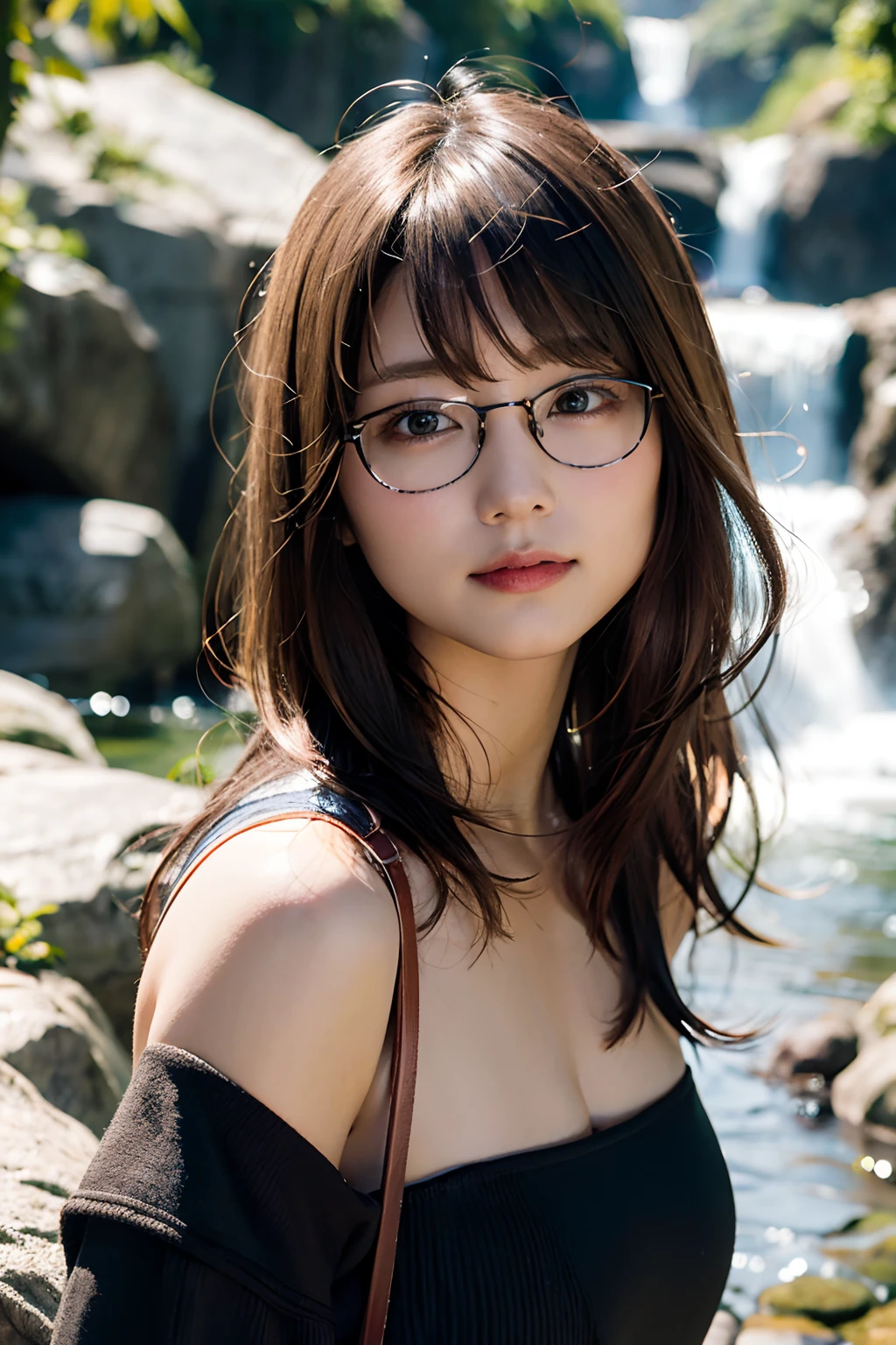 (8K、Raw photography、top-quality、masterpiece:1.2)、(realisitic、Photorealsitic:1.37)、ultra-detailliert、超A high resolution、1人、see the beholder、beautifull detailed face、A smile、Constriction、(Slim waist) :1.3)、summer clothing、Beautiful detailed skin、Skin Texture、Floating hair、Professional Lighting、In front of the waterfall、Rimmed glasses、Whole human body、Brown hair