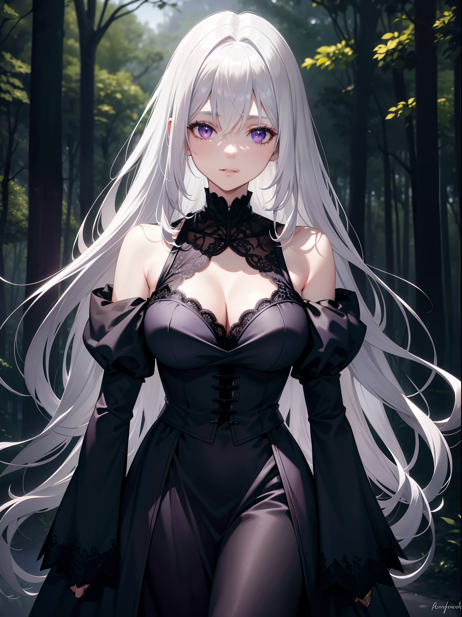 Silvery-white hair,Purple eye,Black silk dress,Lace,Shoulders exposed,forest backgrou,Contre-Jour,Cinematic texture,Light and shadow changes,Europe,Middle Ages,Pull half of your body closer