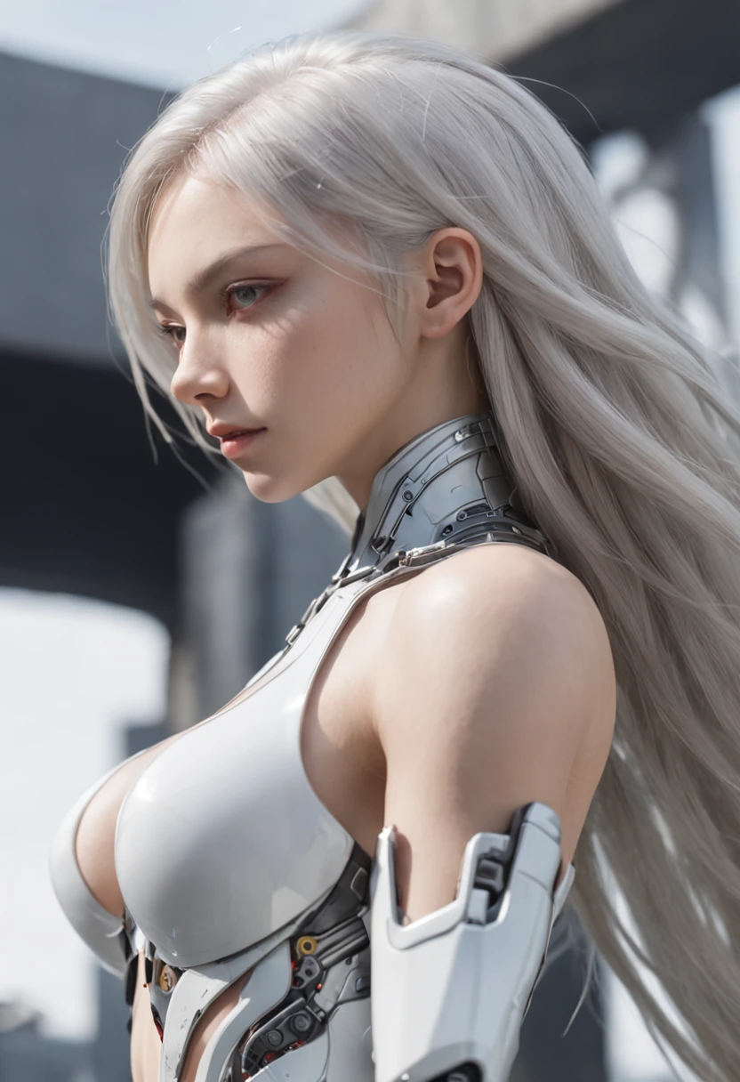 From the side Side、top-quality、The is very detailed、tmasterpiece、ultra - detailed、illustratio、((1girl in))、silber hair、long whitr hair、Floating hair、exoskeleton leotard、mechs、Cyber City、Neon Building、(The upper part of the body:1.05)、extremely_Detailed_Eyes_and_face,Wings of cybernetics、mechanical wing、Fighting stance、skyscraper、、Mecha musume、