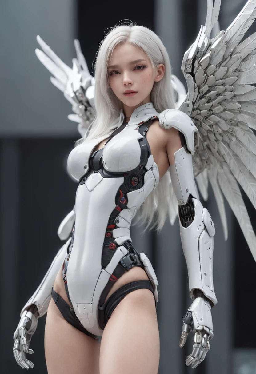 From the side Side、top-quality、The is very detailed、tmasterpiece、ultra - detailed、illustratio、((1girl in))、silber hair、long whitr hair、Floating hair、exoskeleton leotard、mechs、Cyber City、Neon Building、(The upper part of the body:1.05)、extremely_Detailed_Eyes_and_face,Wings of cybernetics、mechanical wing、Fighting stance、skyscraper、、Mecha musume、