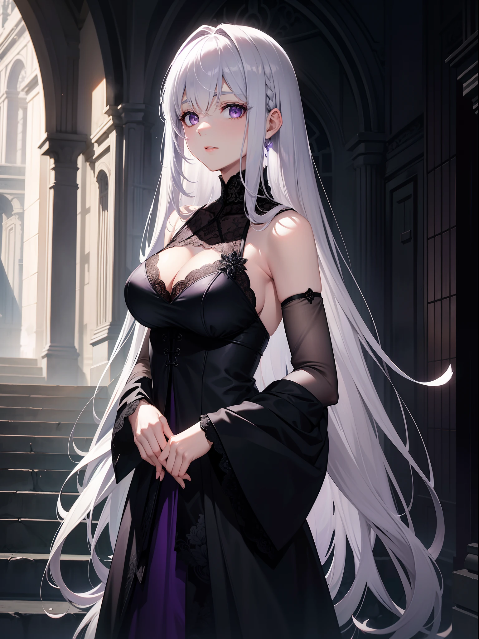 Silvery-white hair，Purple eye，Black silk dress，Lace，Shoulders exposed，forest backgrou，Contre-Jour，Cinematic texture，Light and shadow changes，Europe，Middle Ages，Pull half of your body closer