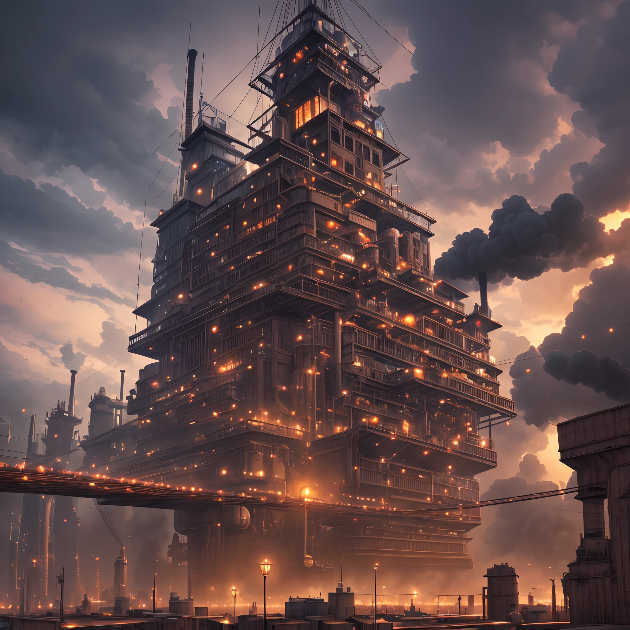 "Main city": A steampunk metropolis suspended in the clouds, Intricate bridges, Dense industrial facilities,Many airships, color field printing, High detail, hyper HD, 8K, Anatomically correct, cinematic lighting 4d quality