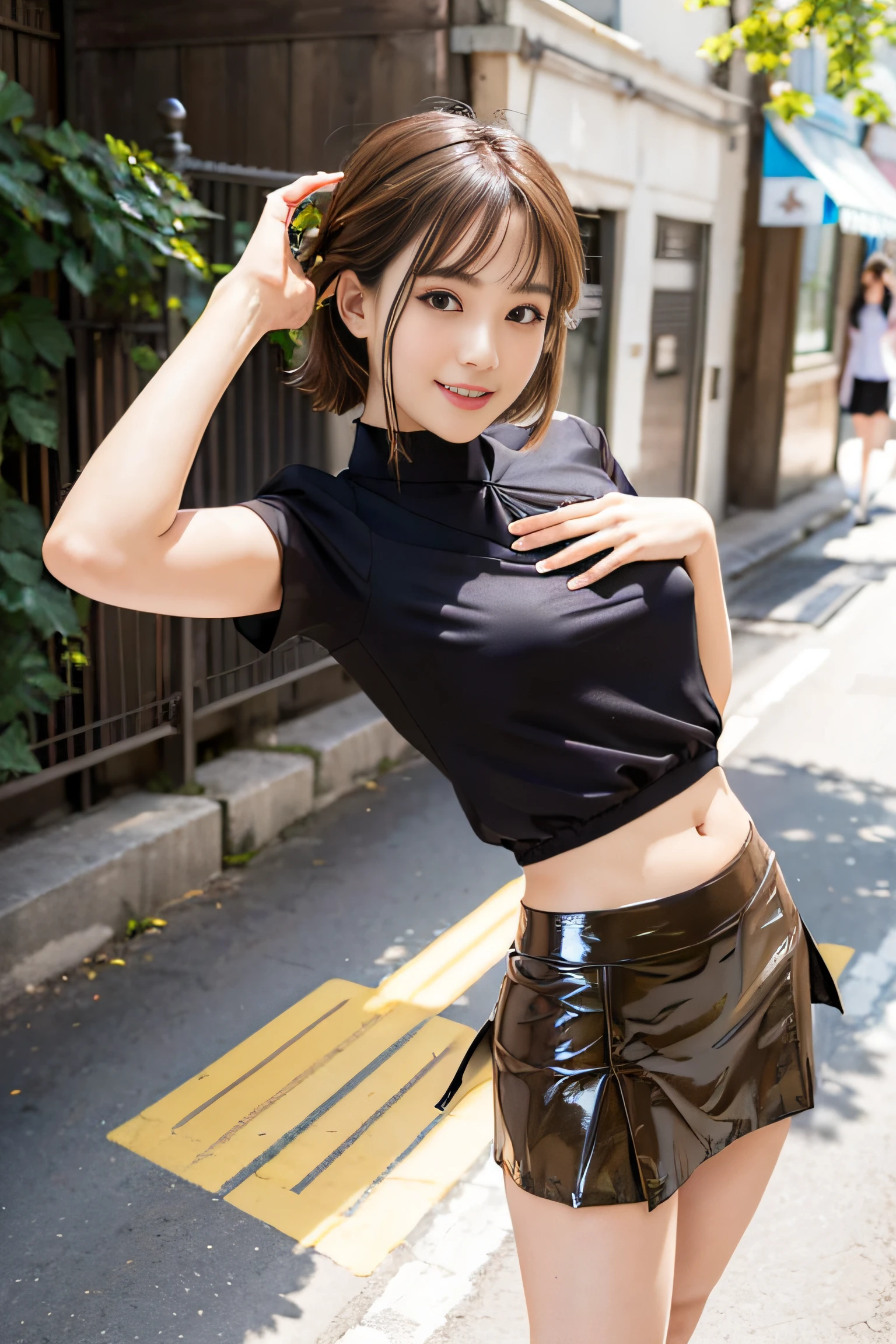 (highest image quality, highest image quality, super A high image quality), (raw photo, realism 1.4), (flat chest), fine skin, fine face, cute, AKB girl, girl in her 20s, small breasts, Perfect skin, thighs, medium hair, perfect, brown hair, brown eyes, whole body, (((spread)), shiny, ((short-sleeved blouse and miniskirt uniform)), bright sunlight, smile