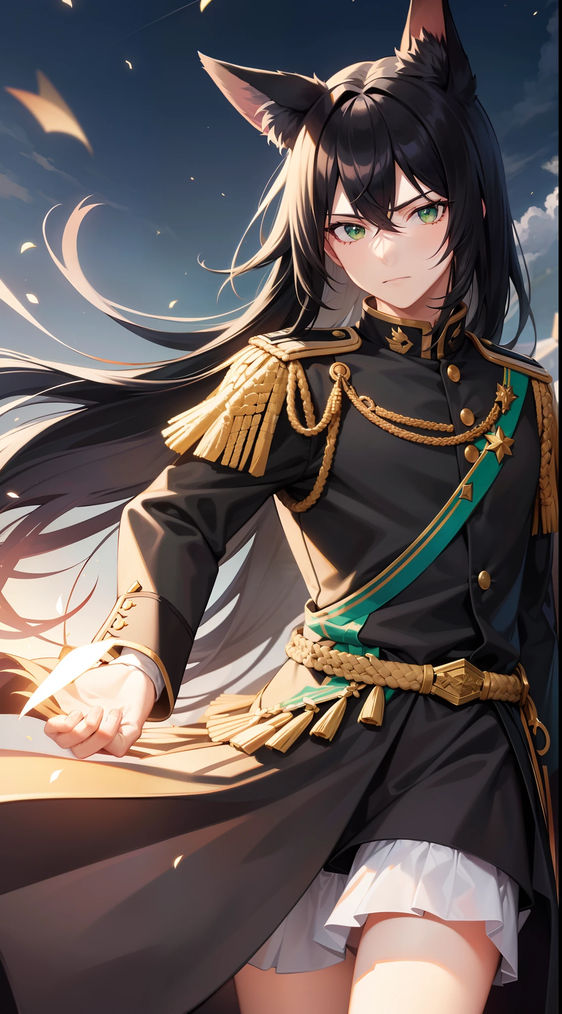 adult male, Long black hair, Fox ears, Green eyes, Black general's uniform, Masterpiece, hiquality
