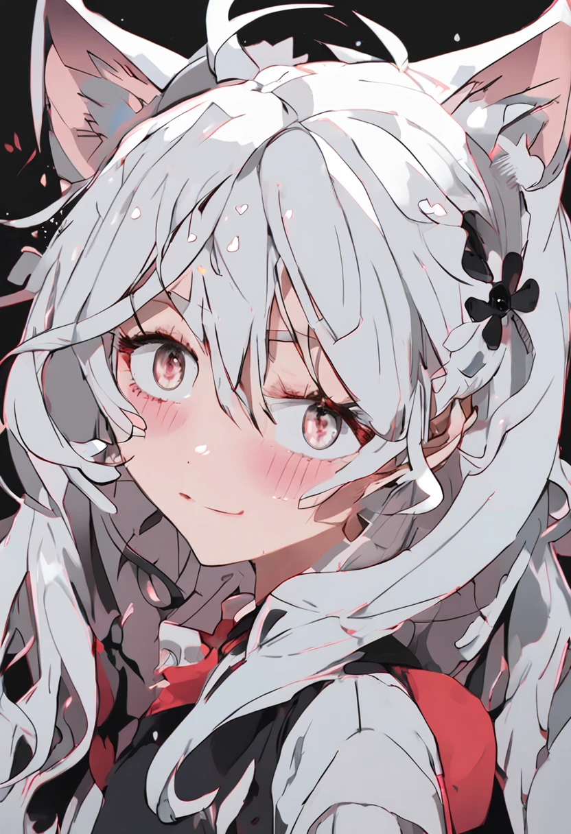 black hair, hair bobbles, wince, longeyelashes, solid circle eyes, light smile, ear blush, fang, white hair, hood, heart-shaped pupils, cat ears, smile, Surrealism, drop shadow, anaglyph, stereogram, tachi-e, pov, atmospheric perspective, Surrealism, 8k, super detail, ccurate, best quality, UHD