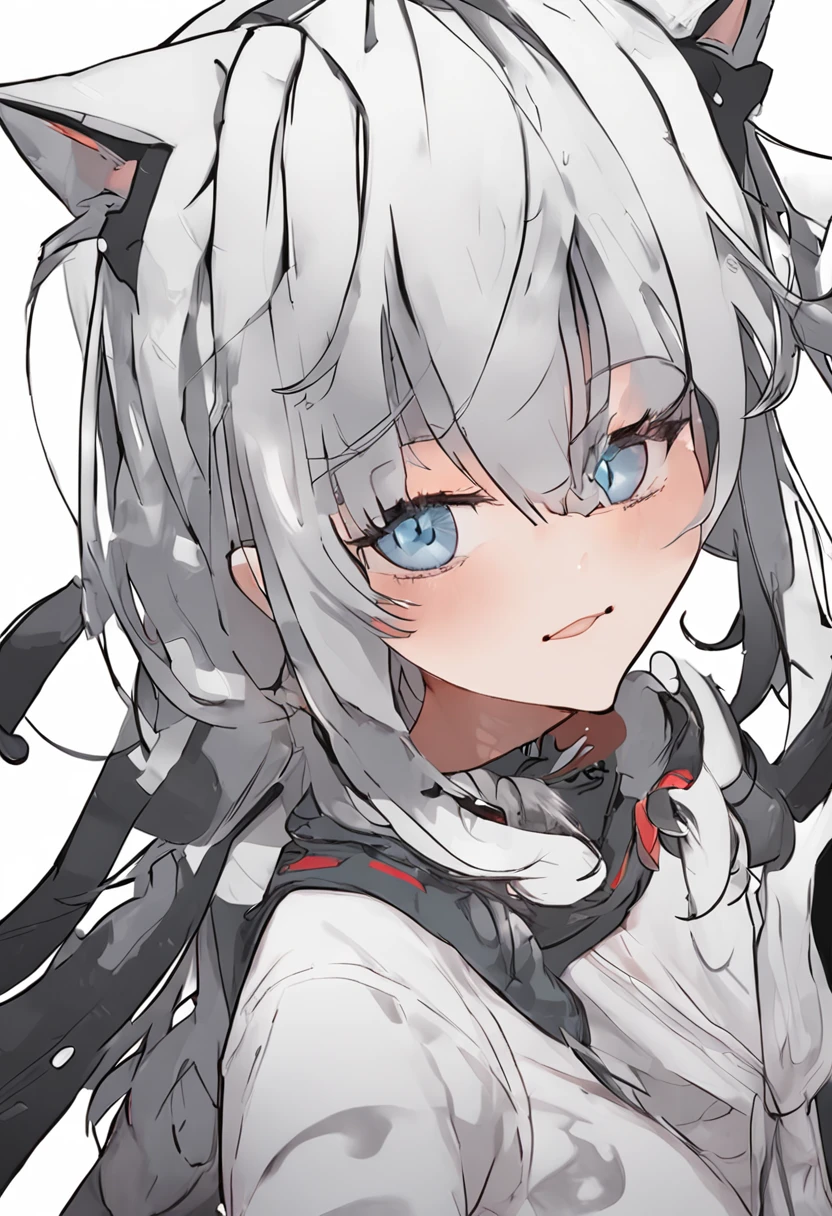 black hair, hair bobbles, wince, longeyelashes, solid circle eyes, light smile, ear blush, fang, white hair, hood, heart-shaped pupils, cat ears, smile, Surrealism, drop shadow, anaglyph, stereogram, tachi-e, pov, atmospheric perspective, Surrealism, 8k, super detail, ccurate, best quality, UHD