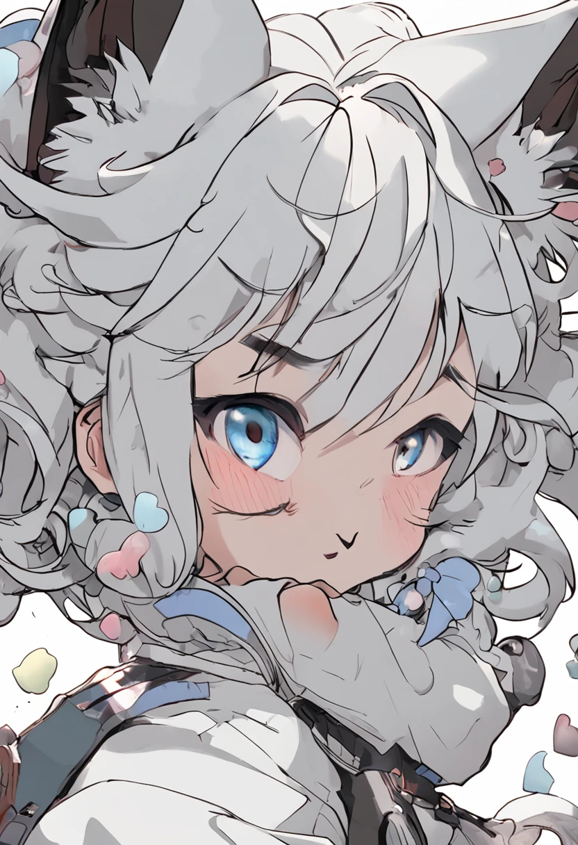 black hair, hair bobbles, wince, longeyelashes, solid circle eyes, light smile, ear blush, fang, white hair, hood, heart-shaped pupils, cat ears, smile, Surrealism, drop shadow, anaglyph, stereogram, tachi-e, pov, atmospheric perspective, Surrealism, 8k, super detail, ccurate, best quality, UHD
