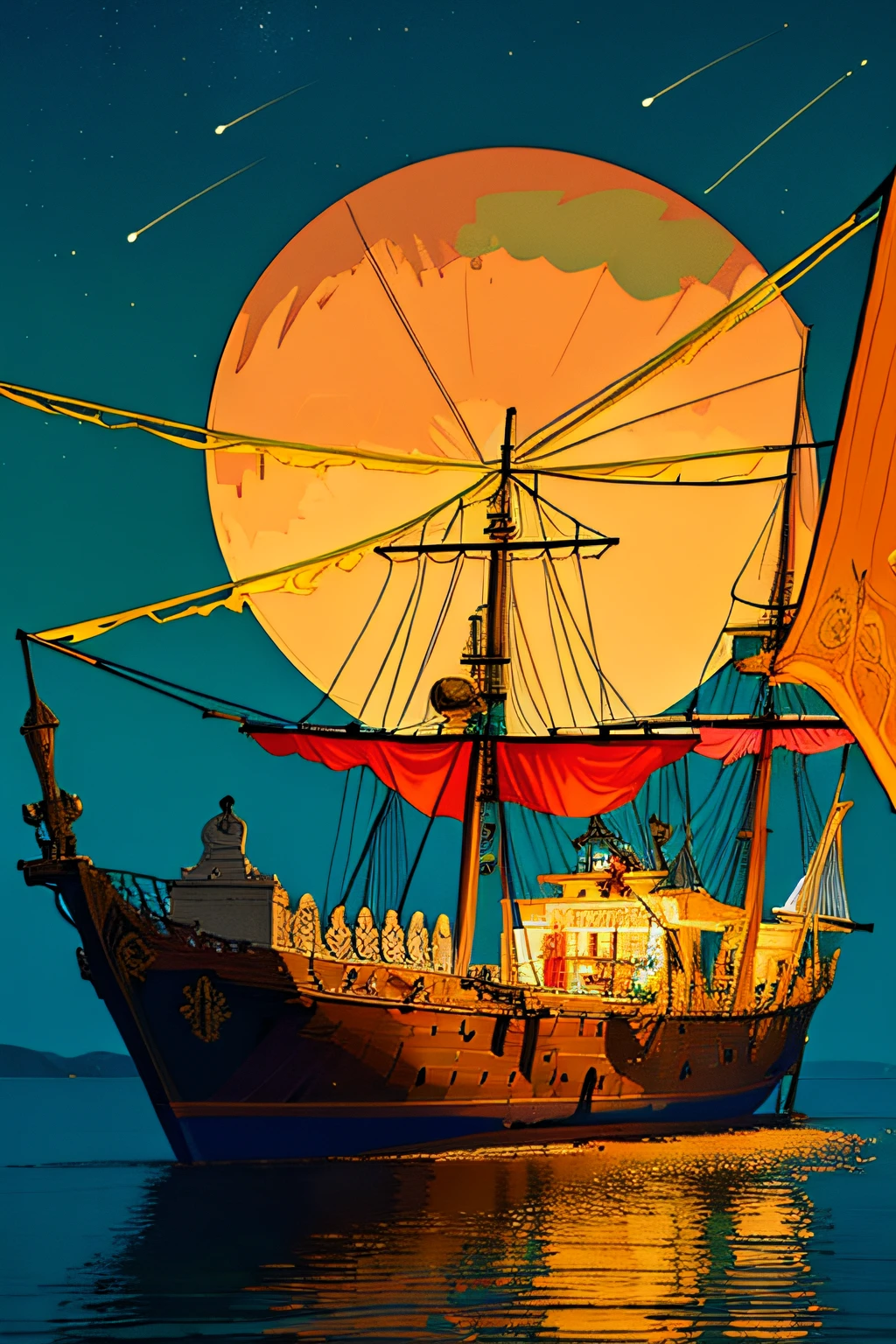 extremely detailed 8k wallpaper,(highly detailed:1.1), ((masterpiece:1.1)),[anime:Impasto:0.5], intricate , fantasy,(1ship),(ocean:1.2),[golden boat:golden boat with (green fire:1.2):0.1], clear sky ,wind ,beautiful sky,(nightsky),(galaxy), (huge blood moon in the background:1.05)