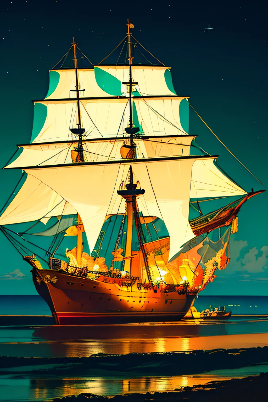 extremely detailed 8k wallpaper,(highly detailed:1.1), ((masterpiece:1.1)),[anime:Impasto:0.5], intricate , fantasy,(1ship),(ocean:1.2),[golden boat:golden boat with (green fire:1.2):0.1], clear sky ,wind ,beautiful sky,(nightsky),(galaxy), (huge blood moon in the background:1.05)