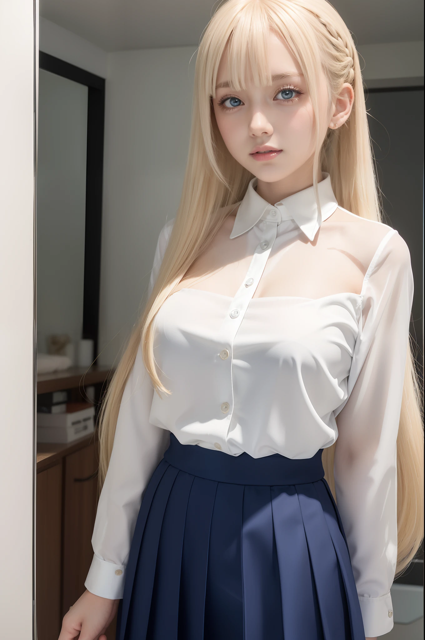 Realistic, Photorealistic: 1.37, masutepiece, Colorful, finedetail, Beautiful skin, Fair skin, A woman who is, (Beautiful Nordic girl at 18 years old: 1.1), (Western Look), hyper HD, bright expression、(8K, RAW photo, Best quality, masutepiece: 1.2), (Realistic )), Charming big blue eyes, ( 50mm Sigma f/1.4 ZEISS lens, F1.2, 1/800s, ISO 100, Photo: 1.1), beautiful bangs、finer hair、(Long silky platinum hair: 1.2), (Realistic), Bokeh, Sharp, (Photorealistic), Live photos, Solo, of the highest quality, Very beautiful face, beautiful detailed blue eyes, ((school uniform)), shirt shirt, and wear no underwear，no underwares，Mini skirt, Pleated skirt,((transparent panty)),((pantyless)),((pantyless))，(wears glasses)，(((dynamicposes)))，(((spread their legs)))，(((sexyposture)))，(Camel toes)，(A half body)，