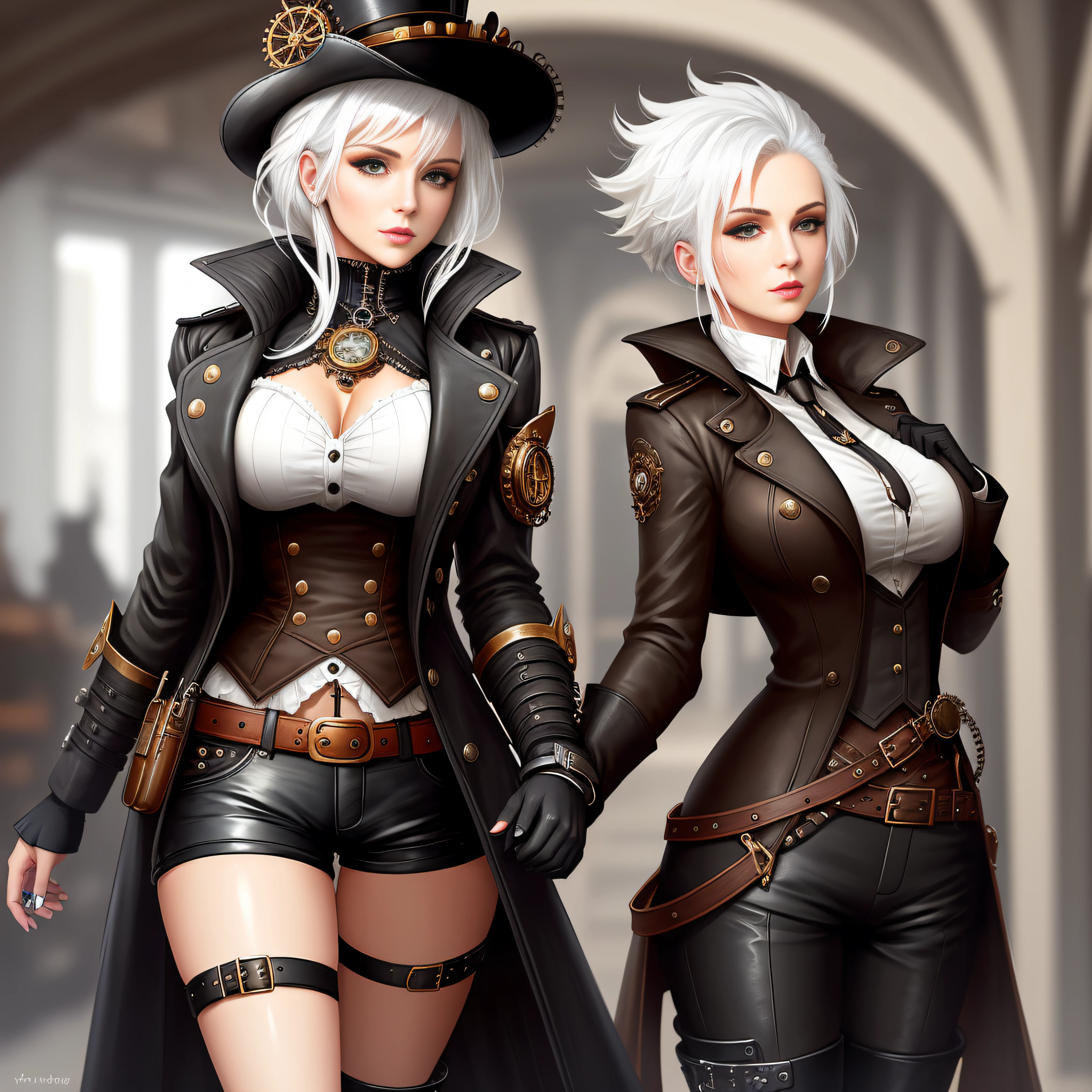 steampunk, sexy woman, black coat, short pants, white hair, dark