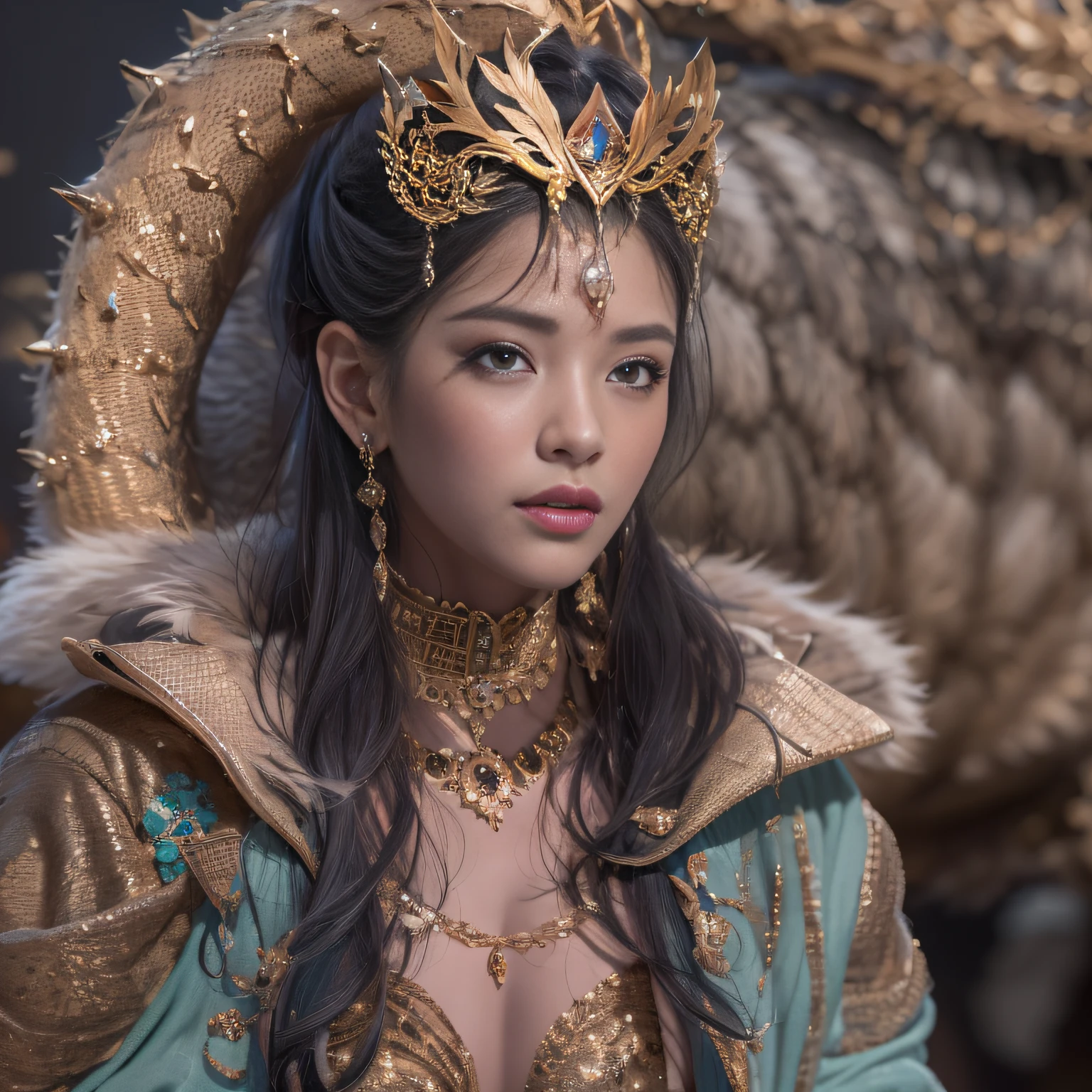 32k（tmasterpiece，k hd，hyper HD/short detailed hair，Jewelry area in the back room，King Girl ，Dragon Protector （realisticlying：1.4），Python pattern robe，Purple-pink tiara，Snowflakes fluttering，The background is pure，Hold your head high，Be proud，The nostrils look at people， A high resolution， the detail， RAW photogr， Sharp Re， Nikon D850 Film Stock Photo by Jefferies Lee 4 Kodak Portra 400 Camera F1.6 shots, Rich colors, ultra-realistic vivid textures, Dramatic lighting, Unreal Engine Art Station Trend, cinestir 800，Hold your head high，Be proud，The nostrils look at people