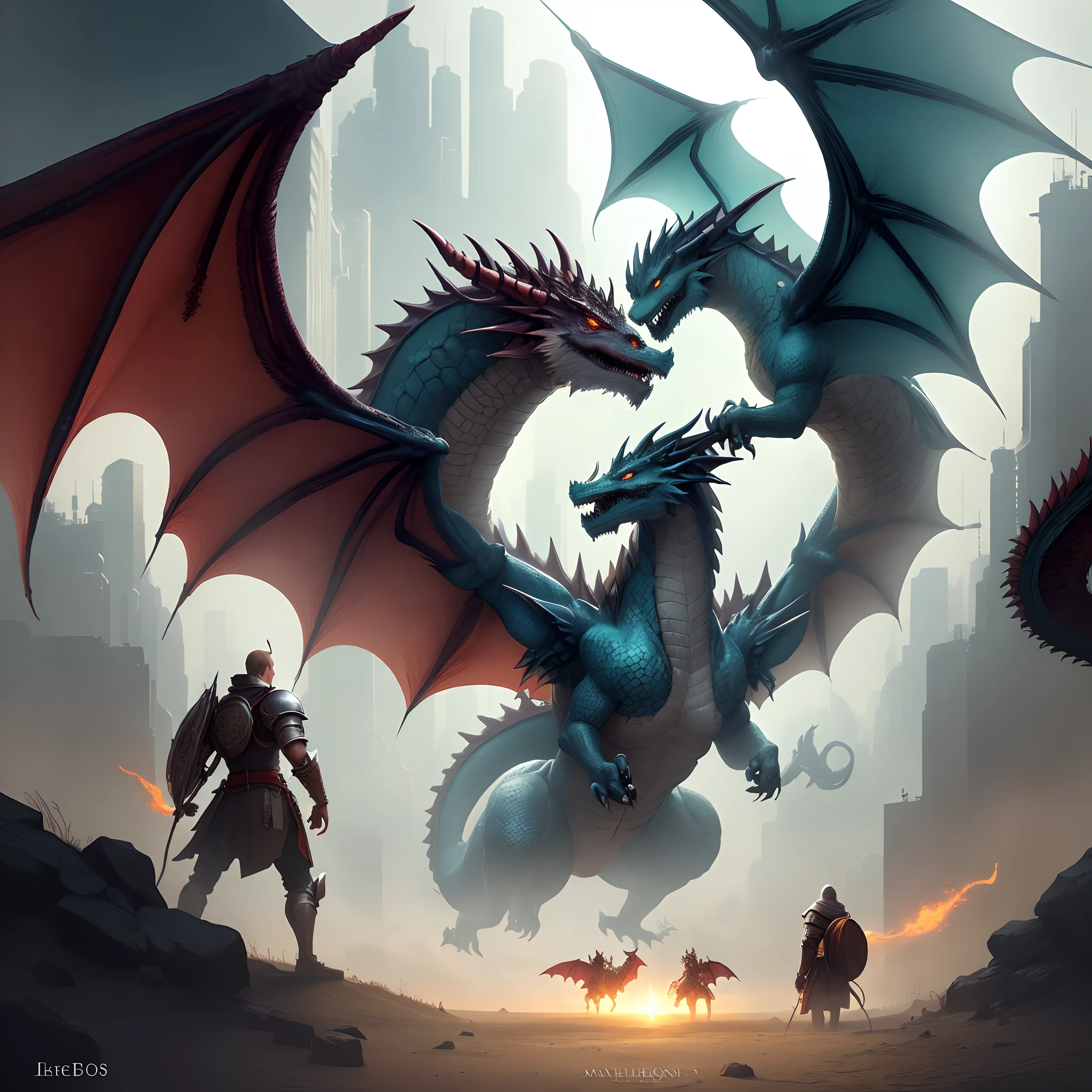 Medieval fantasy ebook cover with with dragons, elfos e elementos cyberpunk