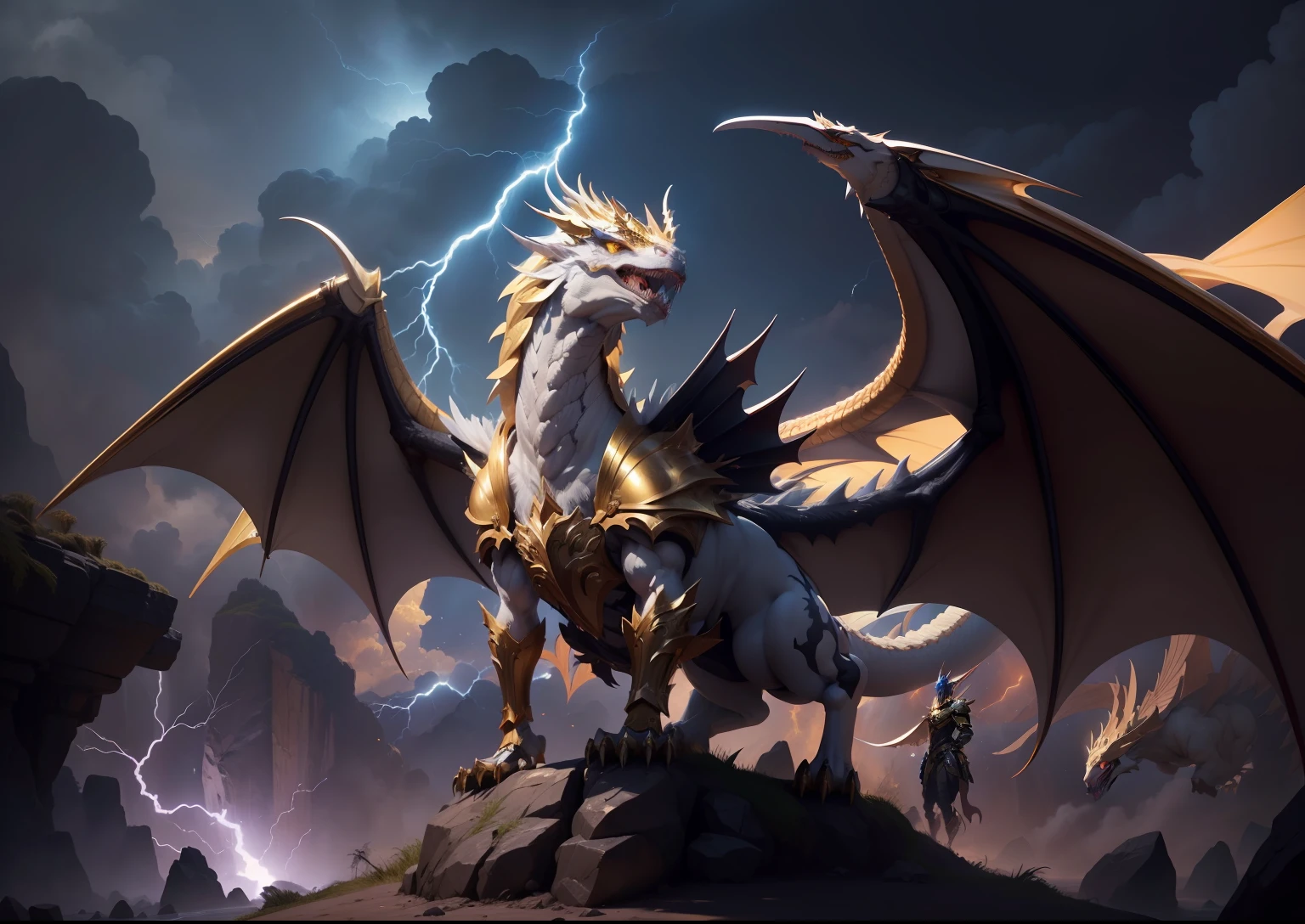 1White dragon add lightning in mouth add golden armor add large wings, dourado. boca fechada, dentes afiados, Two paws on the ground, adcionar asa esquerda, not looking like people's bodies, Golden helmet on head, dragon's head, blue lightnings, relampagos azuis.