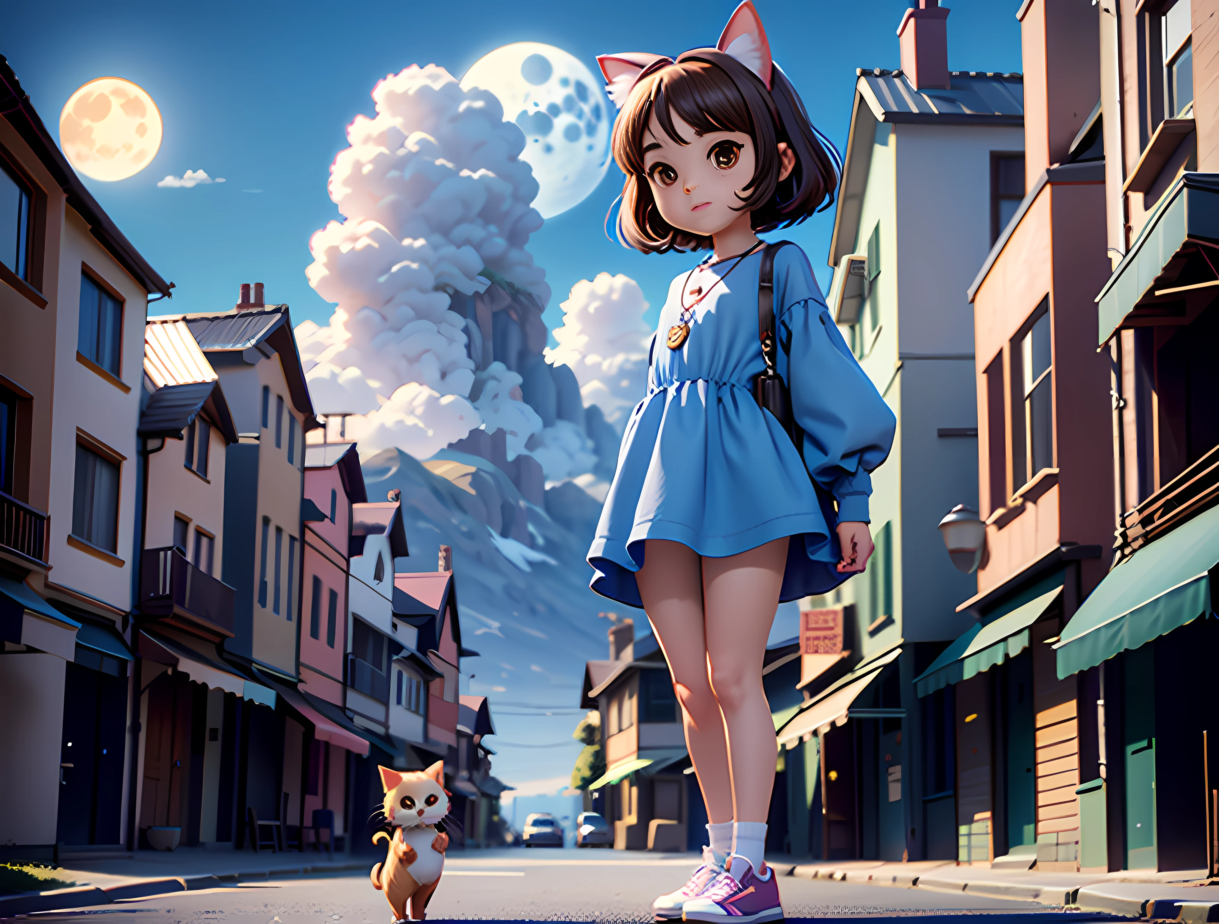 (Same character, front, side, back), (chibi), A cat-eared girl, 3 , Cute and lively, with short brown hair, With a moon necklace, a blue dress, Stylish sneakers, Don't have a cat's tail, (full body), clean scene, white backgrounid, (((multiple views of the same character))), high detail, blind box toy style, anime, Pixar, Ghibli-like colours