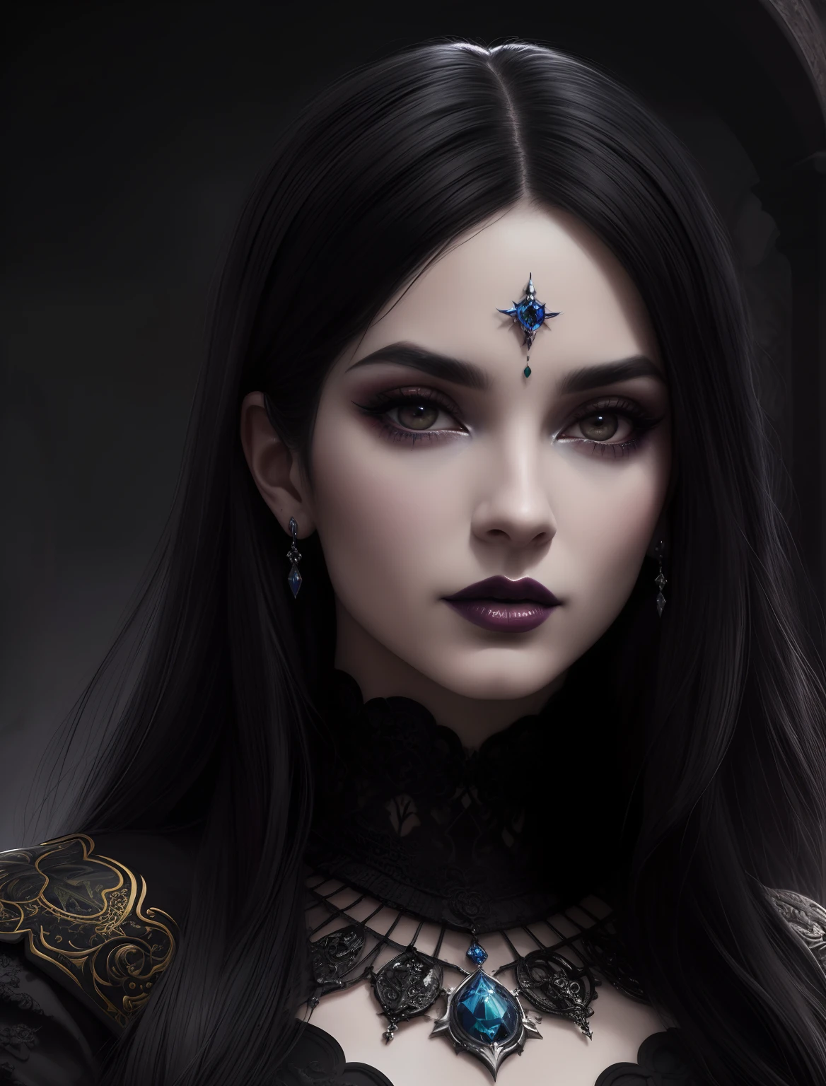 a gorgeous demonic goddess, beautiful detailed eyes, beautiful detailed lips, extremely detailed face and intricate features, long eyelashes, flowing hair, elegant dress, dark and mysterious aura, dramatic lighting, cinematic composition, vibrant colors, muted tones, digital painting, concept art