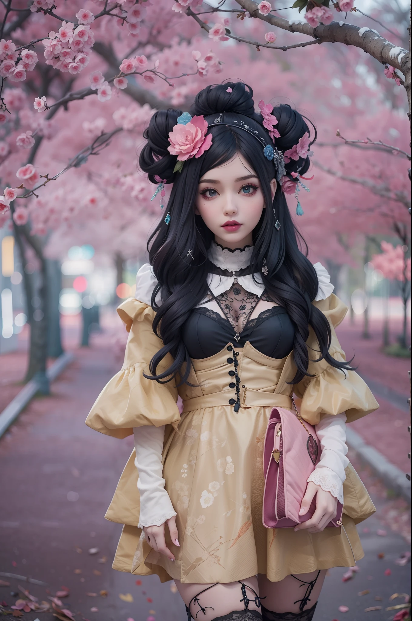 En un hermoso parque una mujer de aspecto moderno. It has a very colorful and striking kawaii gothic style.., con un maquillaje elegante y una peluca colorida.