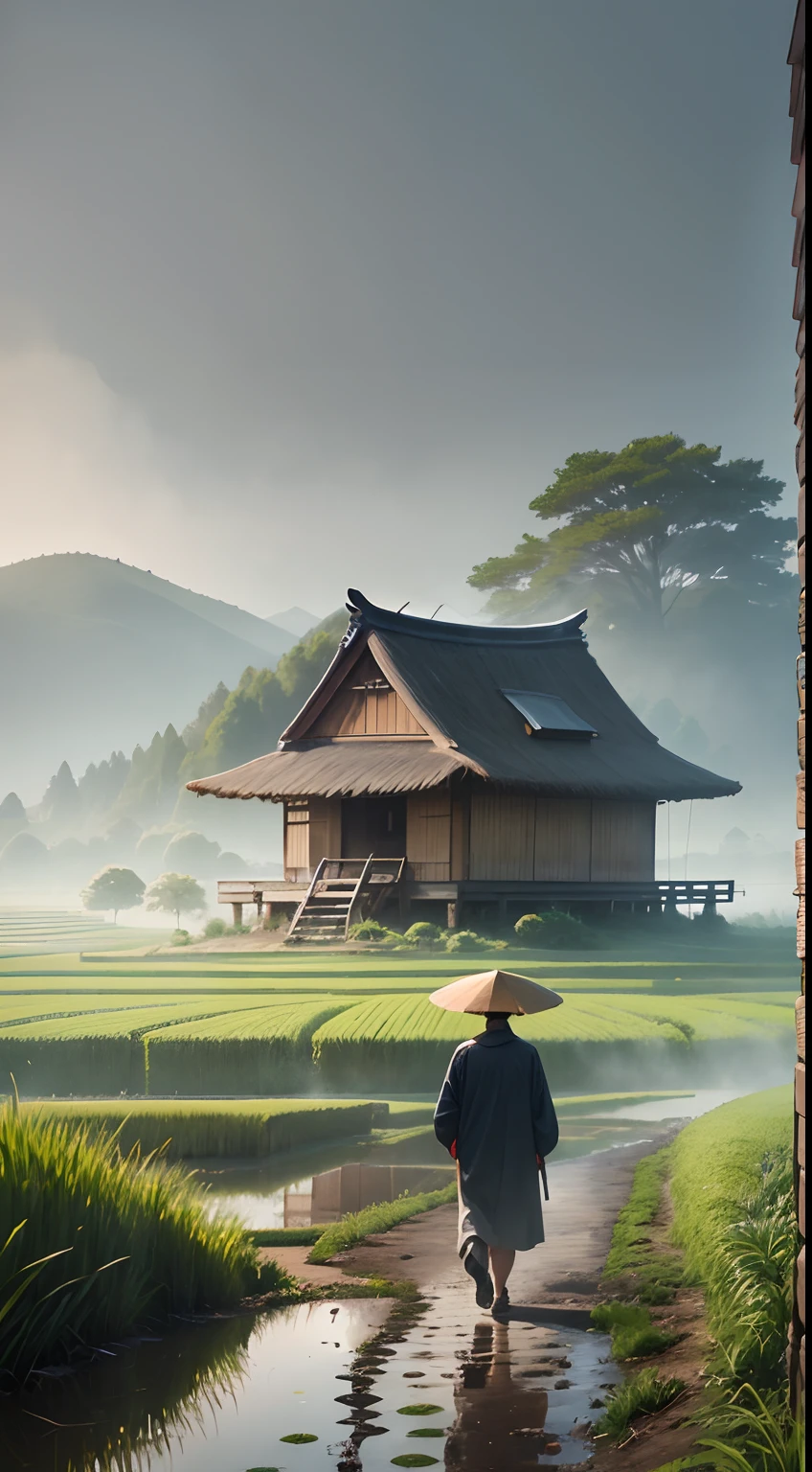 There is a man walking through a rice field, in the background is a hut with rice fields, rice fields, neat rice seedlings in the fields, misty rain, villages, agriculture, in the tranquil landscape, misty weather, in the vast peaceful landscape, in the early morning, in the morning mist, behind a small village, mist, Japanese countryside, thatched roofs --v 6