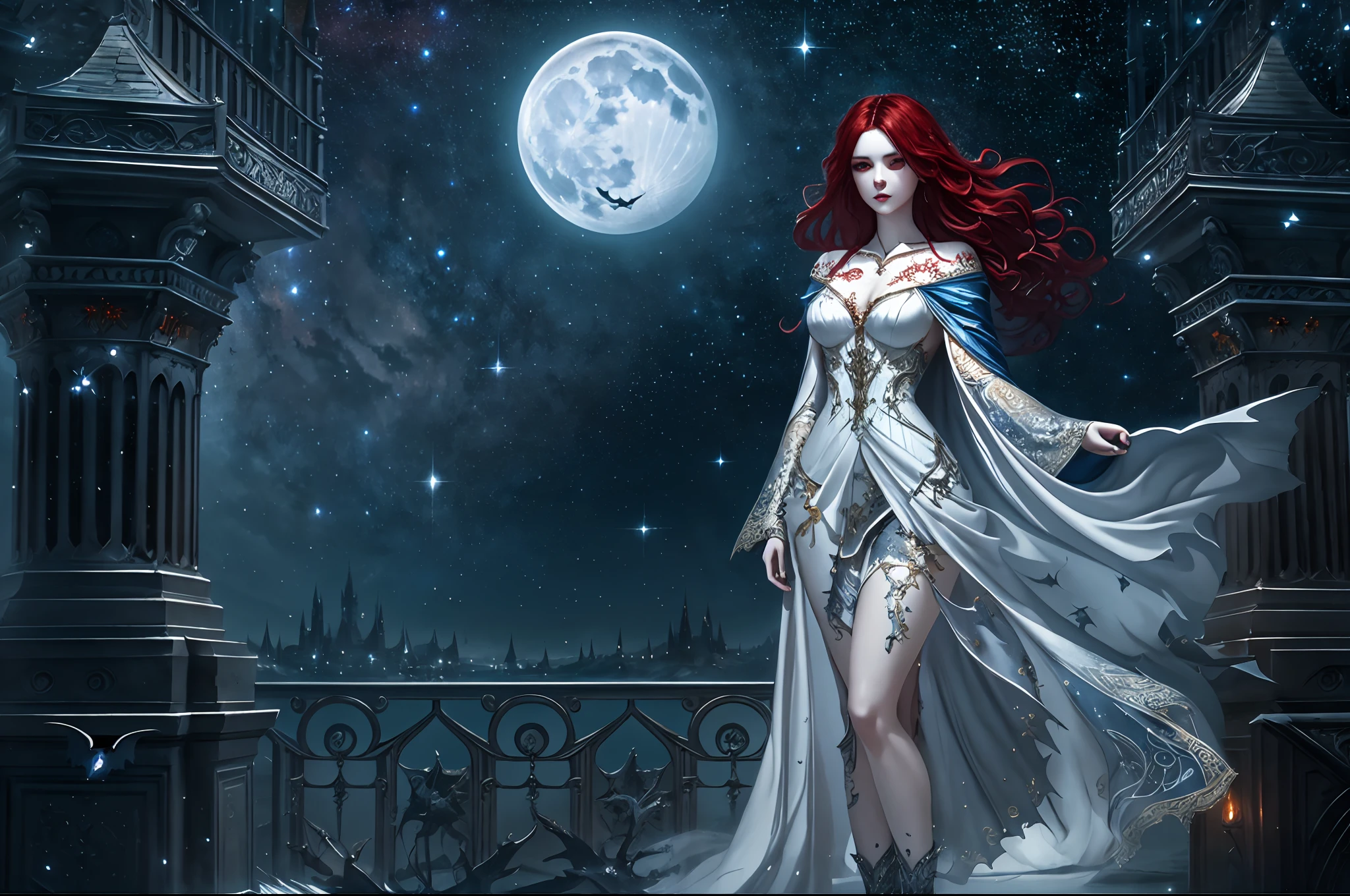 a wallpaper picture of an exquisite beautiful female vampire standing under the starry night sky on the porch of her castle, dynamic angle (ultra detailed, Masterpiece, best quality), ultra detailed face (ultra detailed, Masterpiece, best quality), ultra feminine, grey skin, red hair, wavy hair, dynamic eyes color, cold eyes, glowing eyes, intense eyes, dark red lips, [fangs], wearing white dress (ultra detailed, Masterpiece, best quality), wearing blue cloak (ultra detailed, Masterpiece, best quality), long cloak, flowing cloak (ultra detailed, Masterpiece, best quality), high heeled boots, sky full of stars background, fantasy_night, moon, bats flying about, high details, best quality, 8k, [ultra detailed], masterpiece, best quality, (ultra detailed), full body, ultra wide shot, photorealism, dark fantasy art, dark fantasy art, gothic art, many stars, dark fantasy art, gothic art, sense of dread,