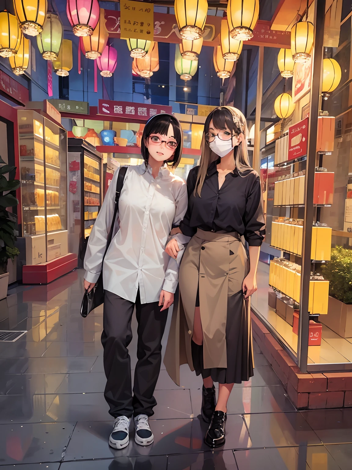 Two girls，wears glasses，Wear a long skirt，wearing face mask，Clear eyes，Inky long dress，Clean face，show the grinps