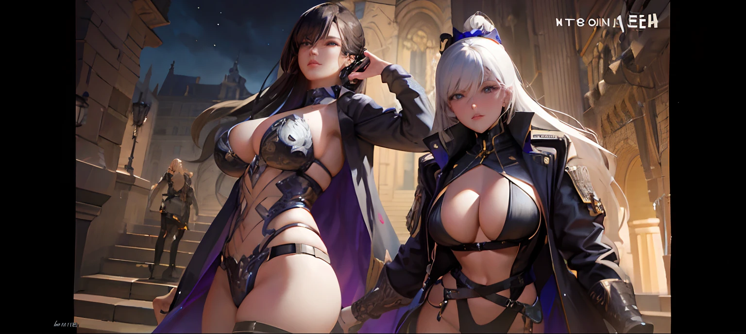 Two sexy women in continuous suits pose in front of the castle, WLOP and Sakimichan, WLOP et Artgerm, trending on cgstation, 8K high quality detailed art, Guviz, 2. 5 D CGI anime fantasy artwork, Artgerm et WLOP, style of wlop, wlop and rossdraws