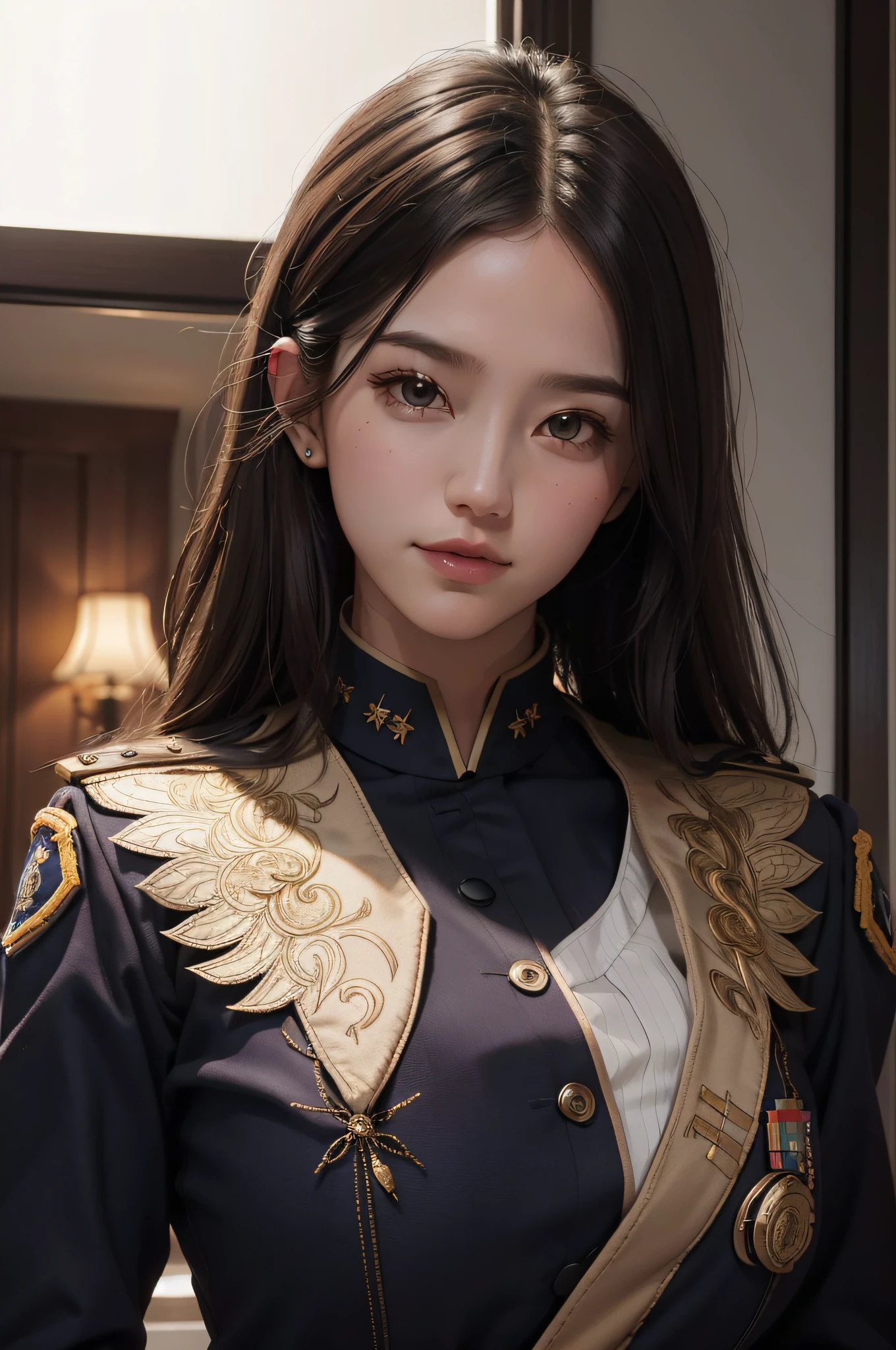 (Hyper-realistic) , (illustratio), (Increase the resolution),(8K), (Most Best Illustration),(extremely detaile), (美丽细致的眼睛),(((Ultra-detail of the face:1.6))), (详细的脸), 独奏,1个Giant Breast Girl, looking at viewert, in the darkness nigth, deep shading, ssmile,cabelos preto e longos,(((U.S. Marine Corps officer uniform:1.8,epaulette))),A half body