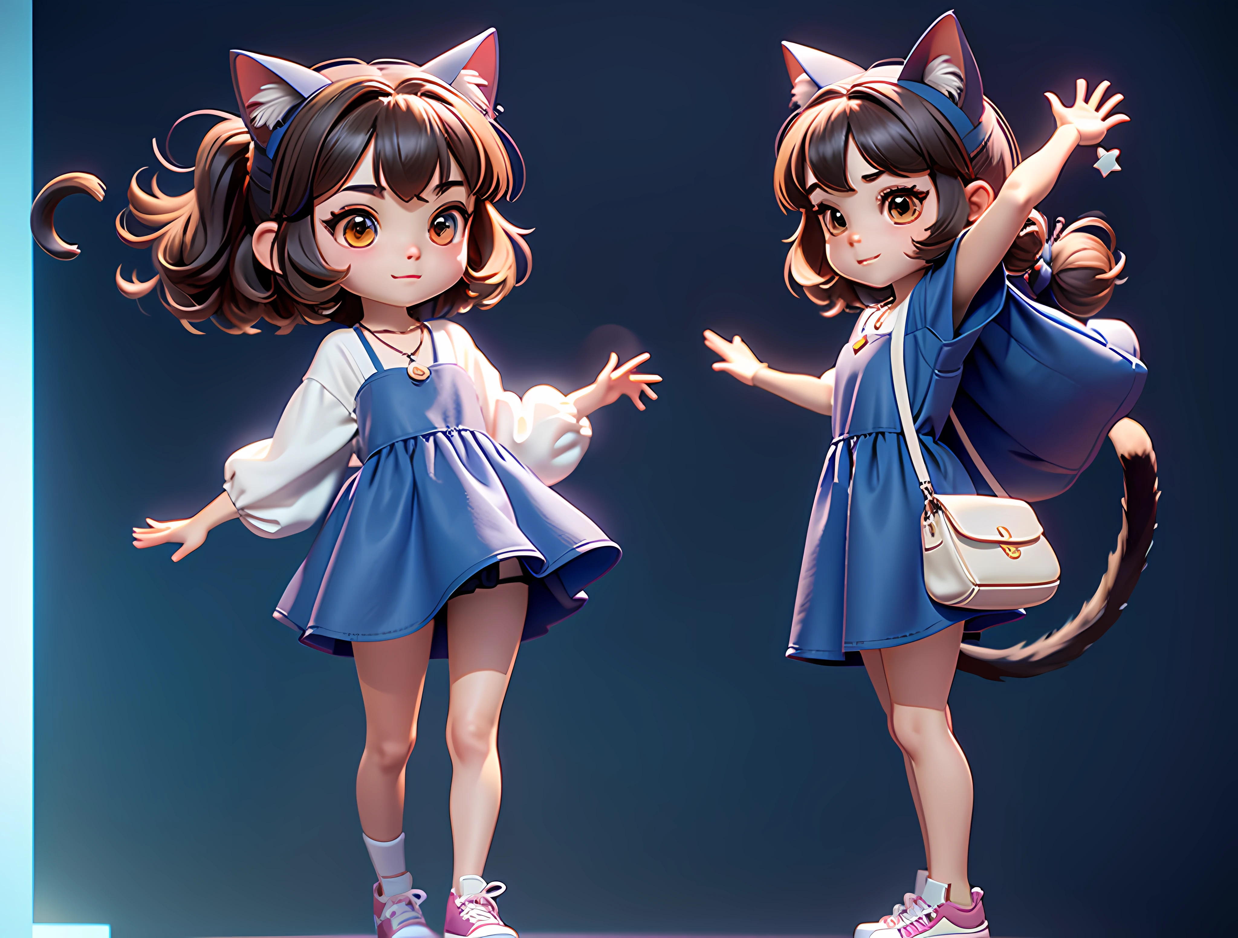 (Same character, front, side, back), (chibi), A cat-eared girl, 3 years old, Cute and lively, with short brown hair, With a moon necklace, a blue dress, Stylish sneakers, Don't have a cat's tail, (full body), clean scene, white backgrounid, (((multiple views of the same character))), high detail, blind box toy style, anime, Pixar, Ghibli-like colours