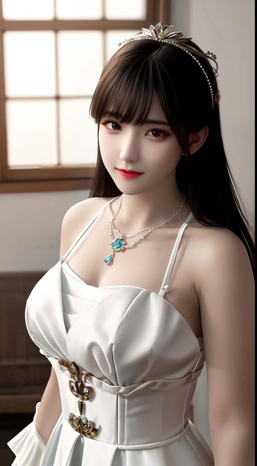 Best quality, masterpiece, high resolution, 1girl, porcelain dress, hair accessories, necklace, jewelry, beautiful face, on the body, Tyndall effect, realistic, dark studio, edge lighting, two-tone lighting, (high detail skin: 1.2), 8k UHD, dslr, soft light, high quality, volumetric light, candid, photo, high resolution, 4k, 8k, background blur,