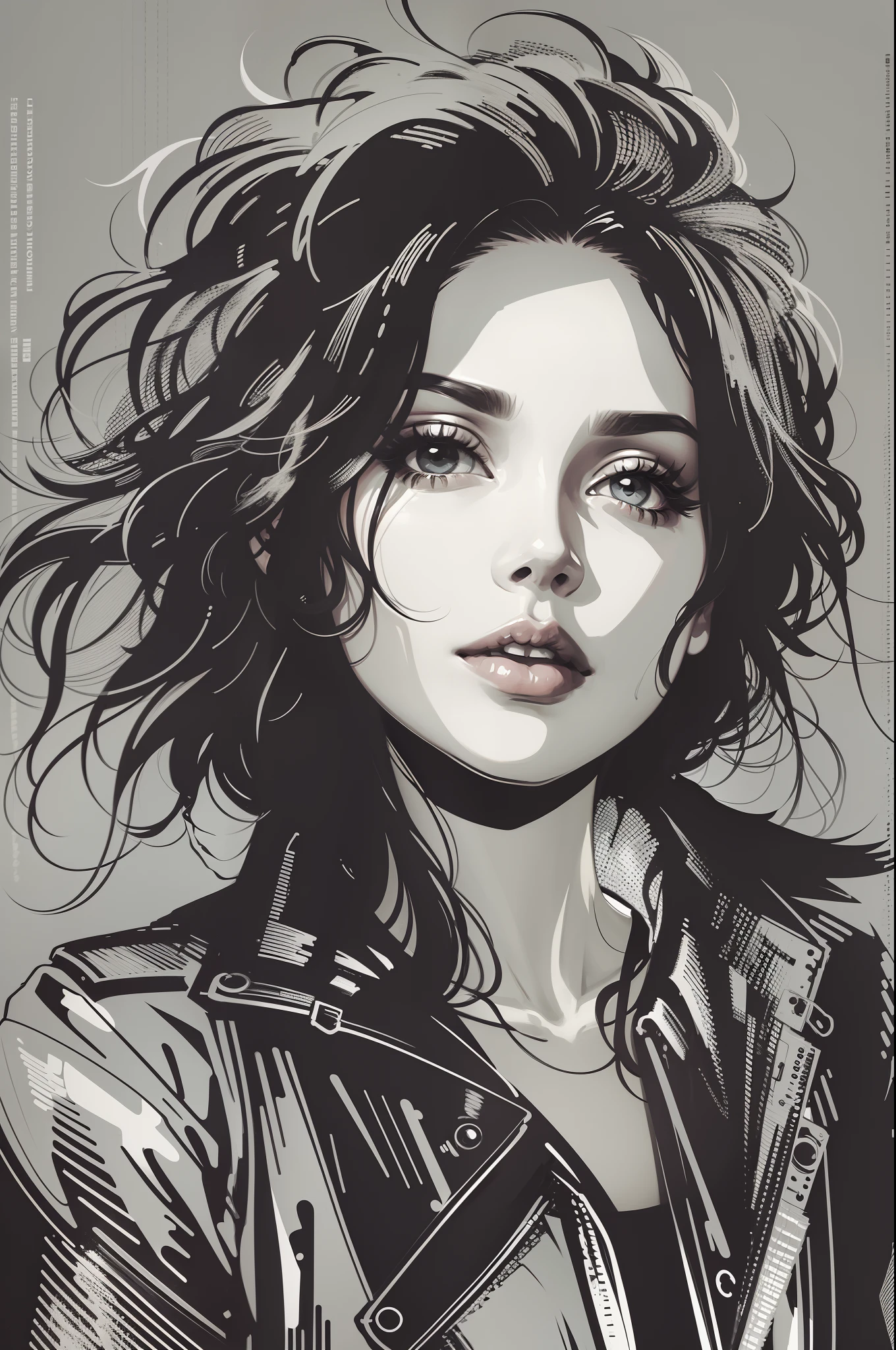 Young female rock singer, Portait in Anton Corbijn style, Simple lines, Vector art, black-and-white, Passion, artistic