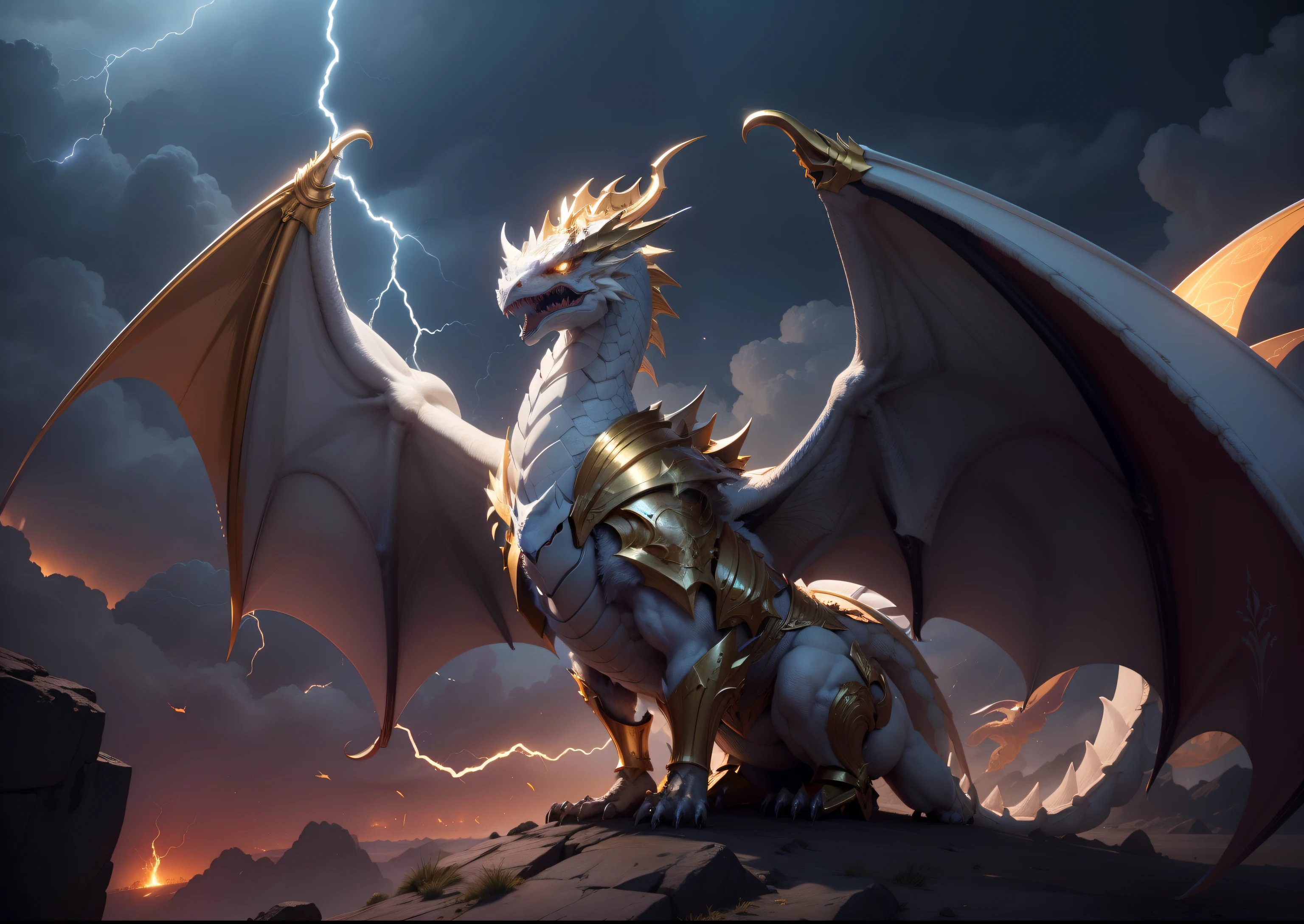 1White dragon add lightning in mouth add golden armor add large wings, dourado. boca fechada, dentes afiados, Two paws on the ground, adcionar asa esquerda, not looking like people's bodies, Golden helmet on head, dragon's head, blue lightnings, relampagos azuis.