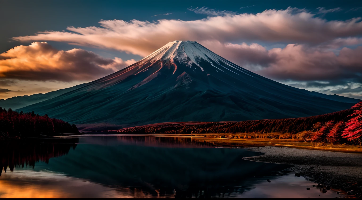 Teru Yamahara. Fuji, Exquisite and beautiful realistic photos, detail, Photorealistic, Ultra Realistic Photo, 8K UHD, Digital SLR, The sun is shining, High quality, filmgrain, Fujifilm XT3, (Masterpiece), Majestic mountains. koyama, reflection on the lake, Red Fuji, Red sky, flowing clouds, Shining, Reflection,