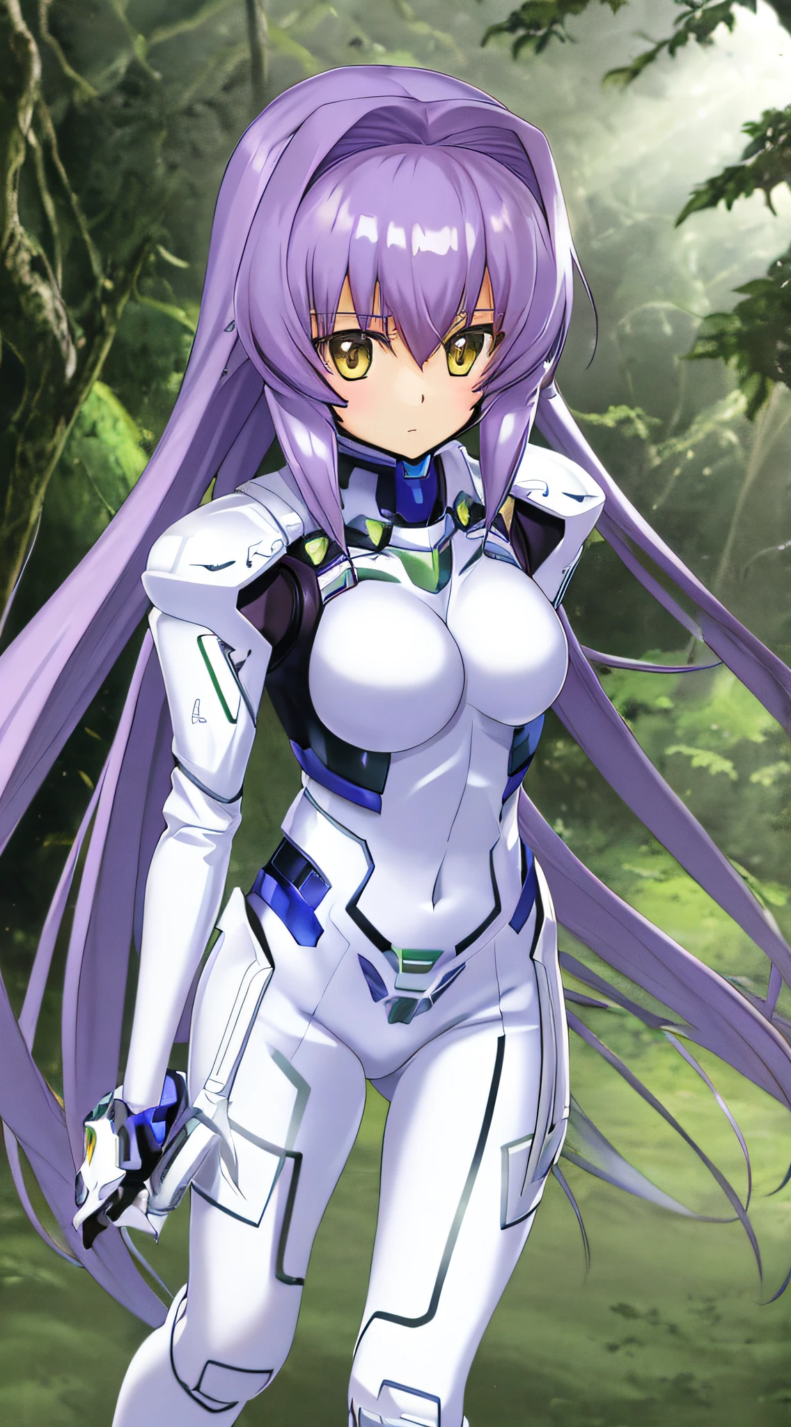 8k anime art of Girl Muv-Luv's Fortified Suit, featuring a white bodysuit, astrounaut design, with intricate armor, set in a lush jungle.