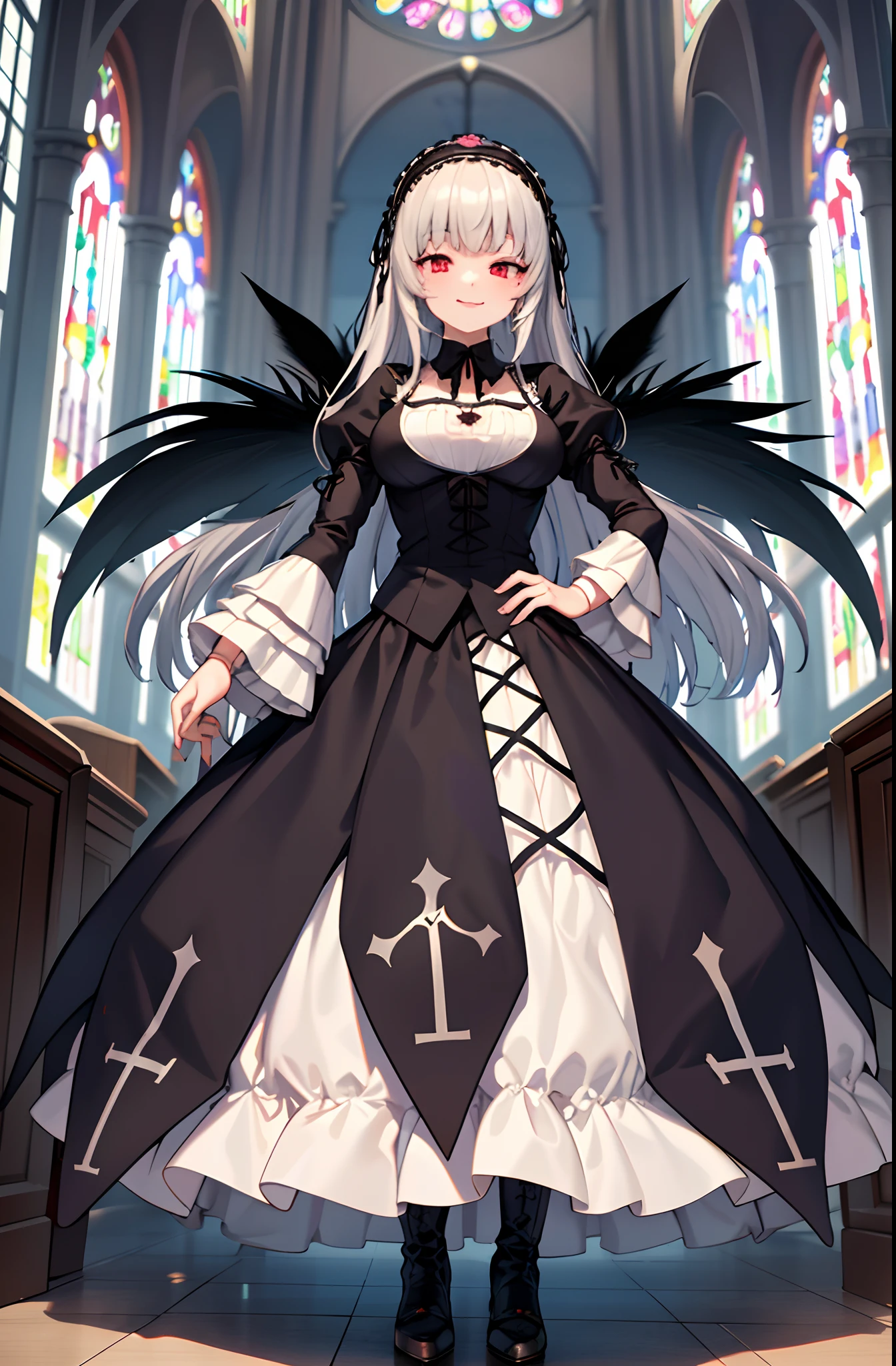 (masterpiece, best quality, detailed, highres), 1girl, solo, indoors, church, stained glass, window, sunlight, hand on hip, evil smile, from below, looking at viewer, suigintou, XXXXXX fashion, XXXXXX hairband, black dress, frills, black wings, knee boots, detached collar, cross, juliet sleeves, cross-laced dress, doll joints <lora:SuigintouV4_1-000014-, full body ,boots,hugebreast, boots